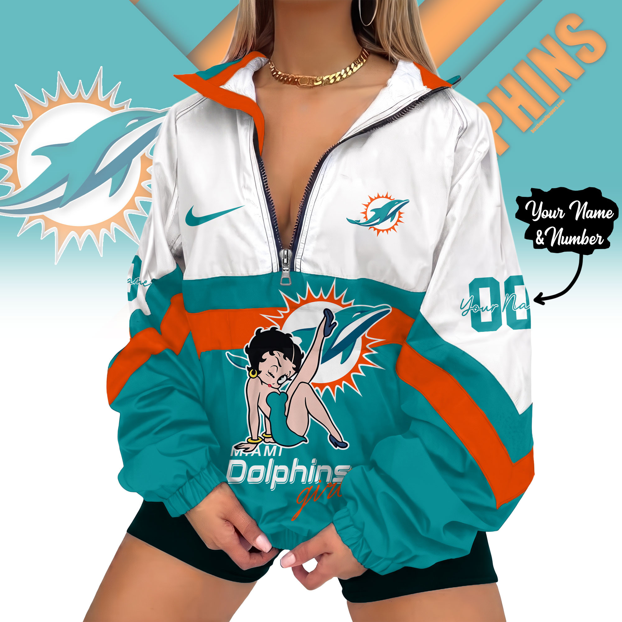 Miami Dolphins | Premium NFL Custom Game Day Girl Windbreaker V-Neck Zipper Sweatshirt Jackets NTH1
