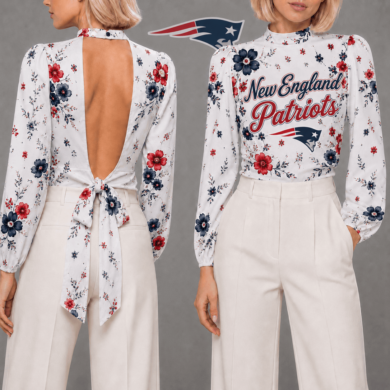 New England Patriots | Premium NFL Floral Backless Long Sleeve Shirt NY