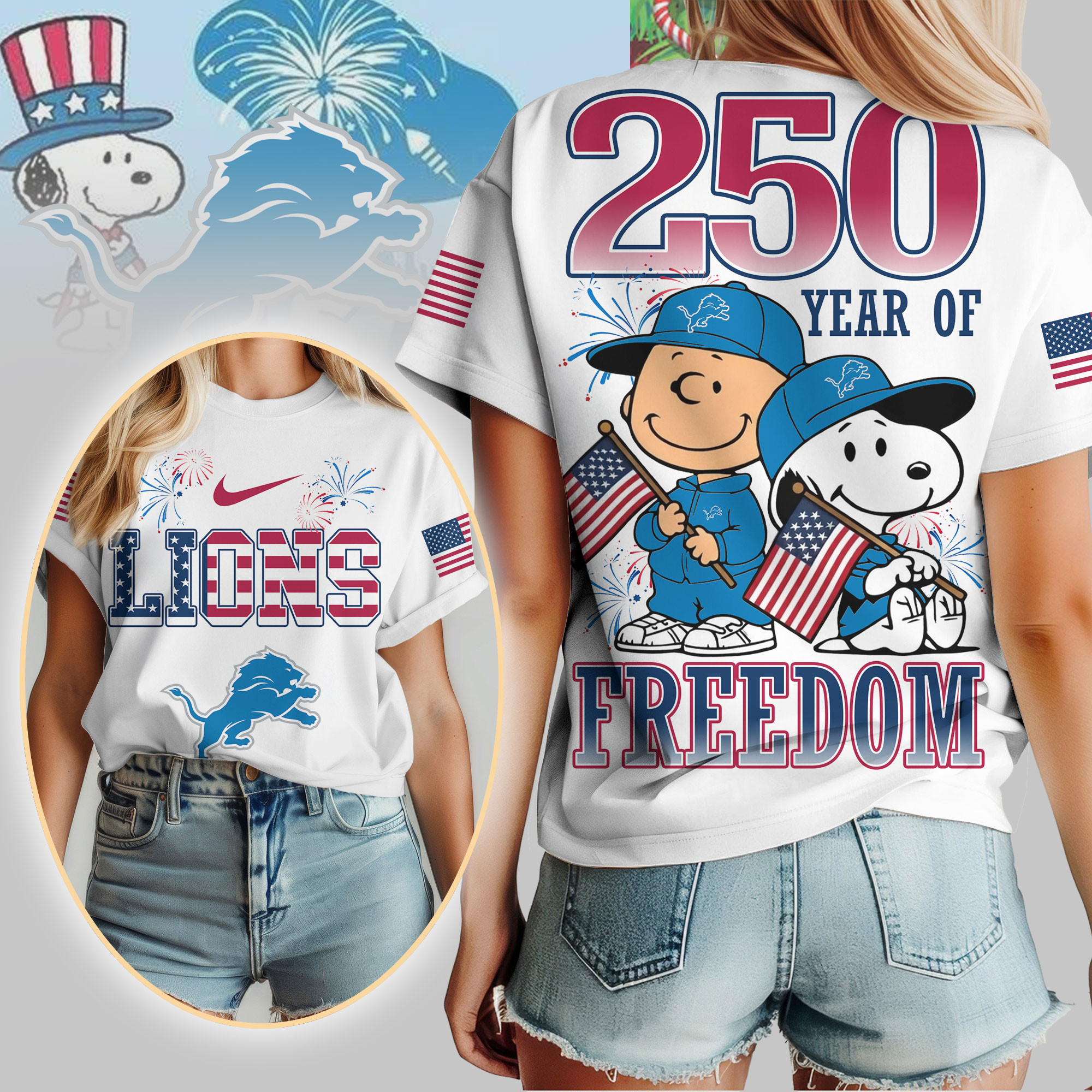 Detroit Lions | Premium NFL Peanuts 250 Years Of Freedom 3D Shirt NP
