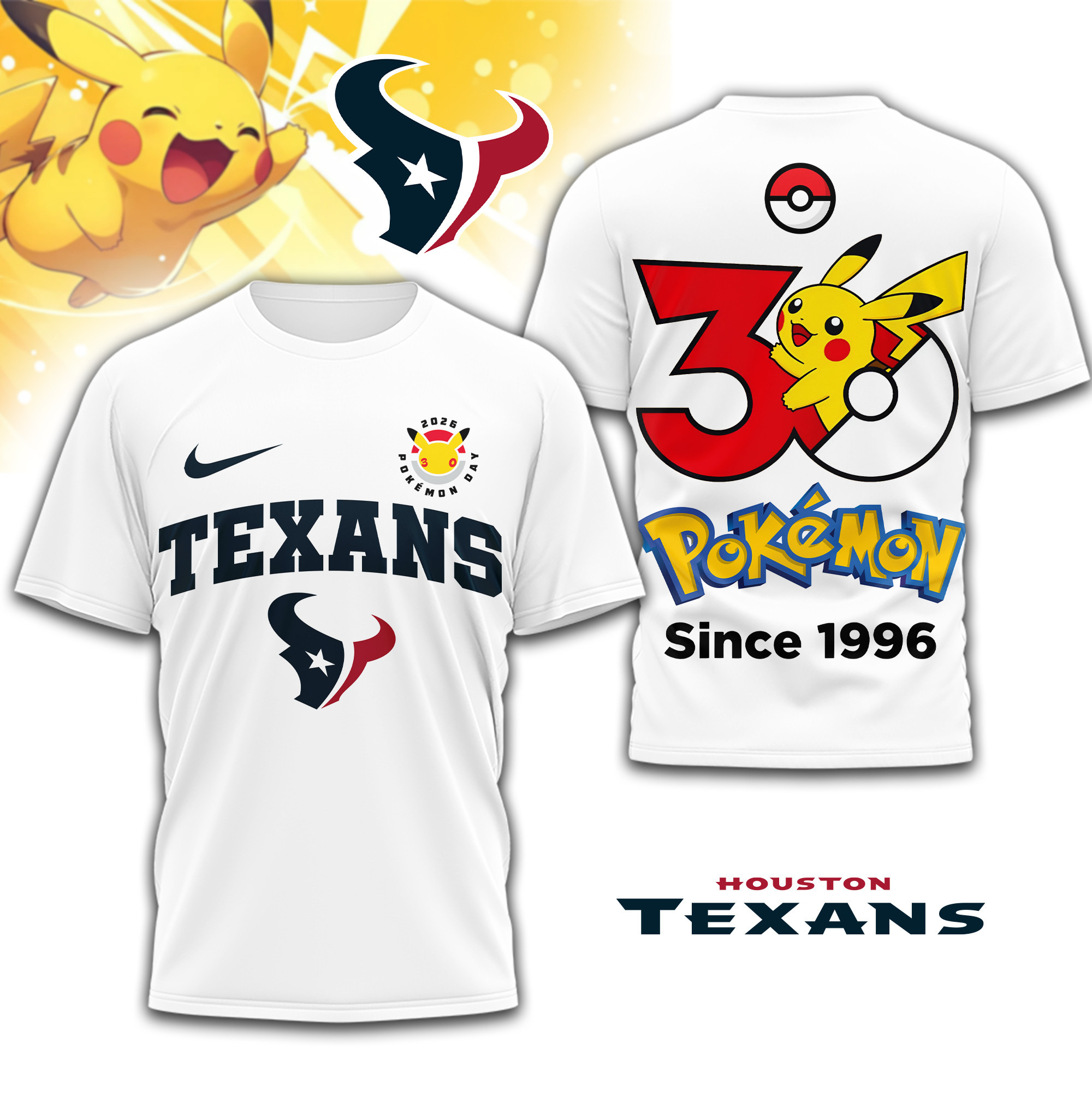 Houston Texans | Premium NFL Pokemon 30th Anniversary 3D Shirt TD