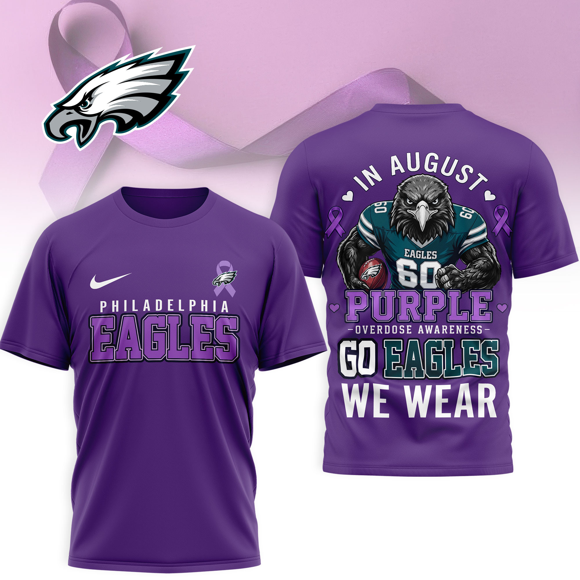 Philadelphia Eagles | Premium NFL In August We Wear Purple Overdose Awareness 3D Shirt NY
