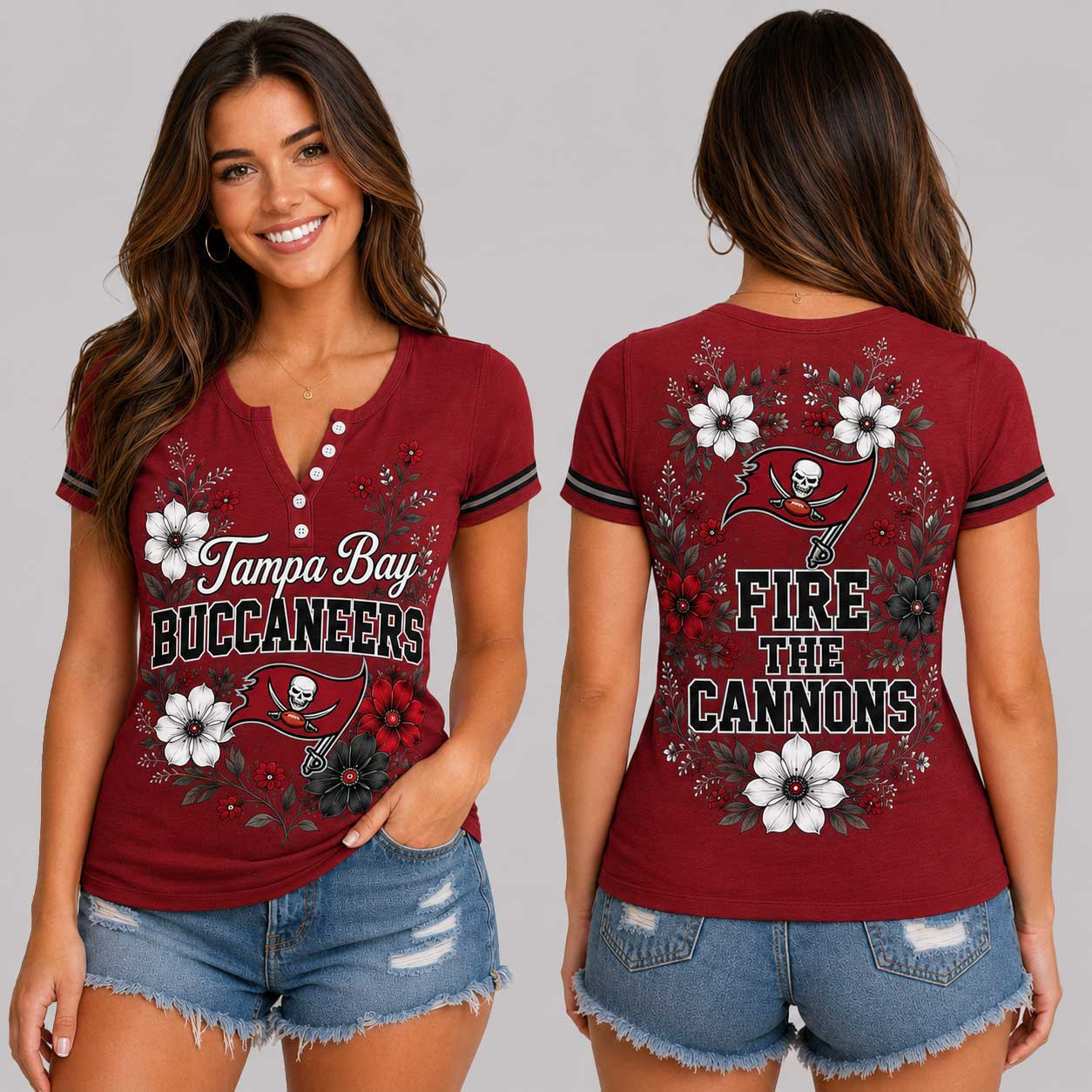 Tampa Bay Buccaneers | Premium NFL Team Pride Elegant Game Day Women’s Button V-Neck Shirt TD