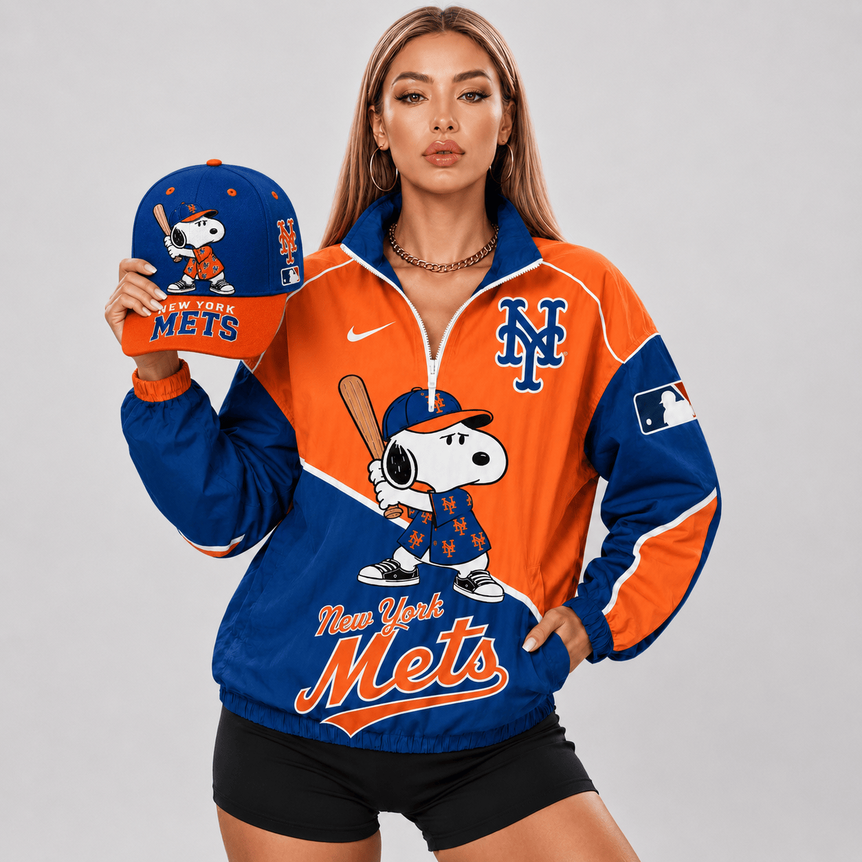 New York Mets | Premium MLB Snoopy Clubhouse Swing V-neck Jacket And Cap Set