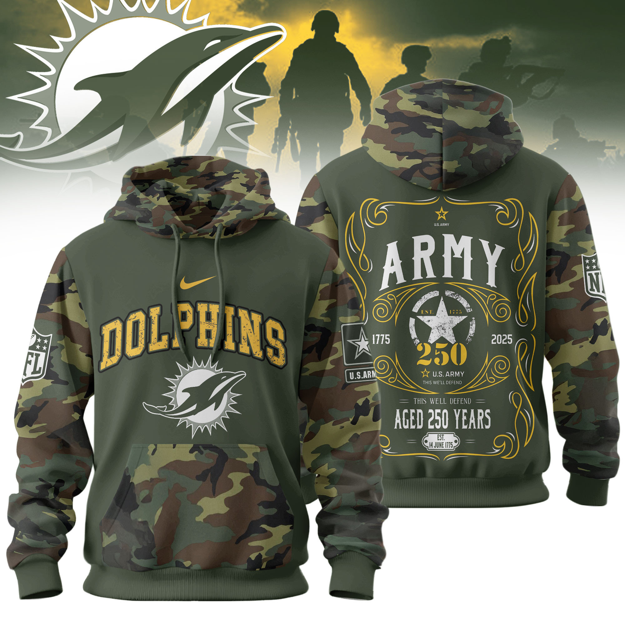 Miami Dolphins | Premium NFL US Army 250th anniversary 3D Hoodie TD