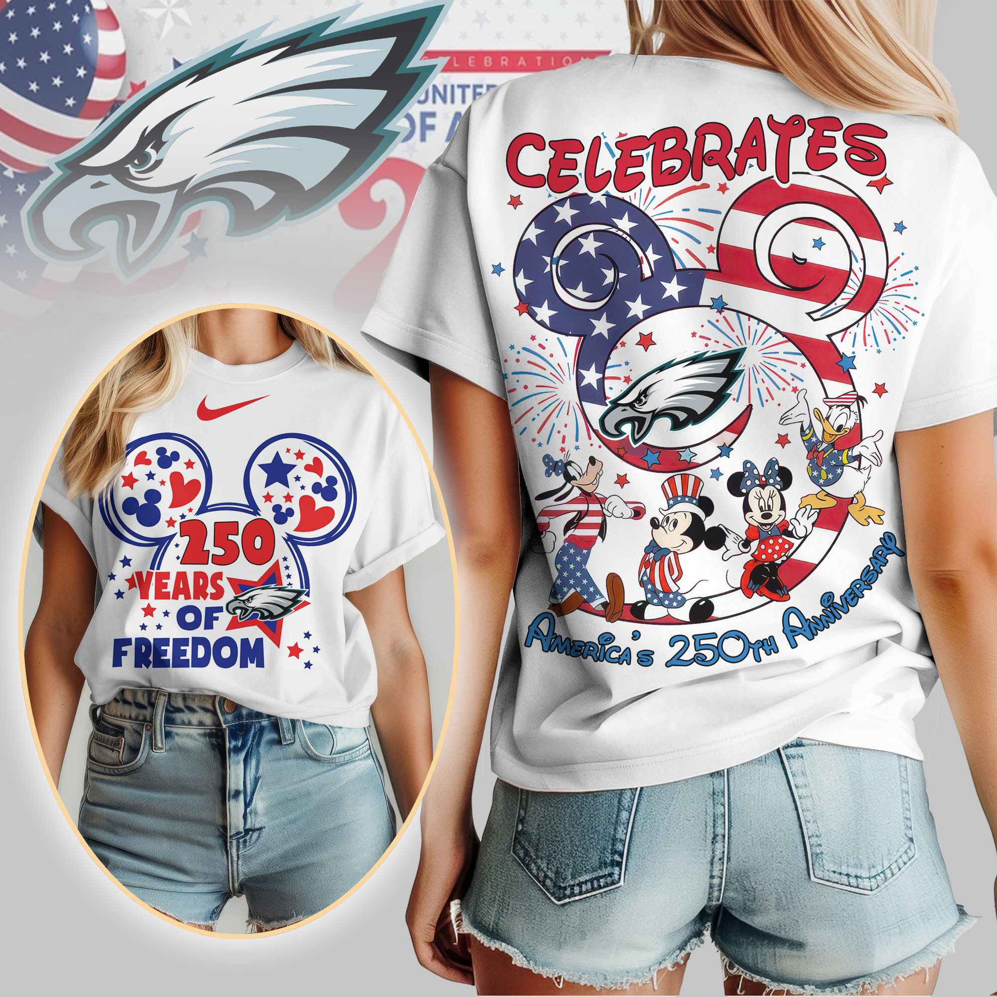 Philadelphia Eagles | Premium NFL Mickey Celebrates America 250th Anniversary Women Shirt TD