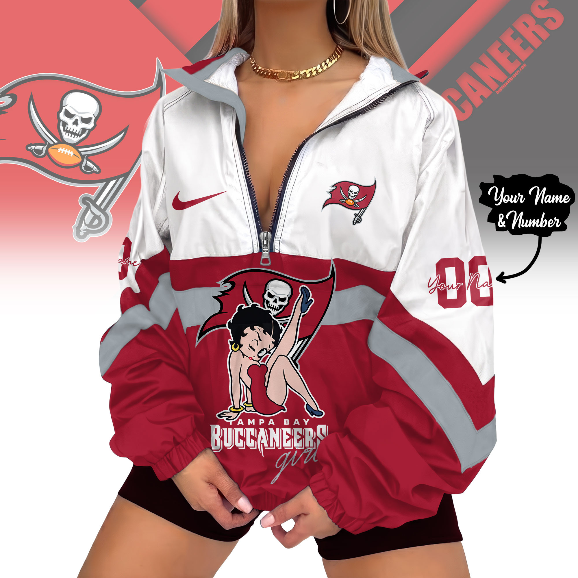 Tampa Bay Buccaneers | Premium NFL Custom Game Day Girl Windbreaker V-Neck Zipper Sweatshirt Jackets NTH1
