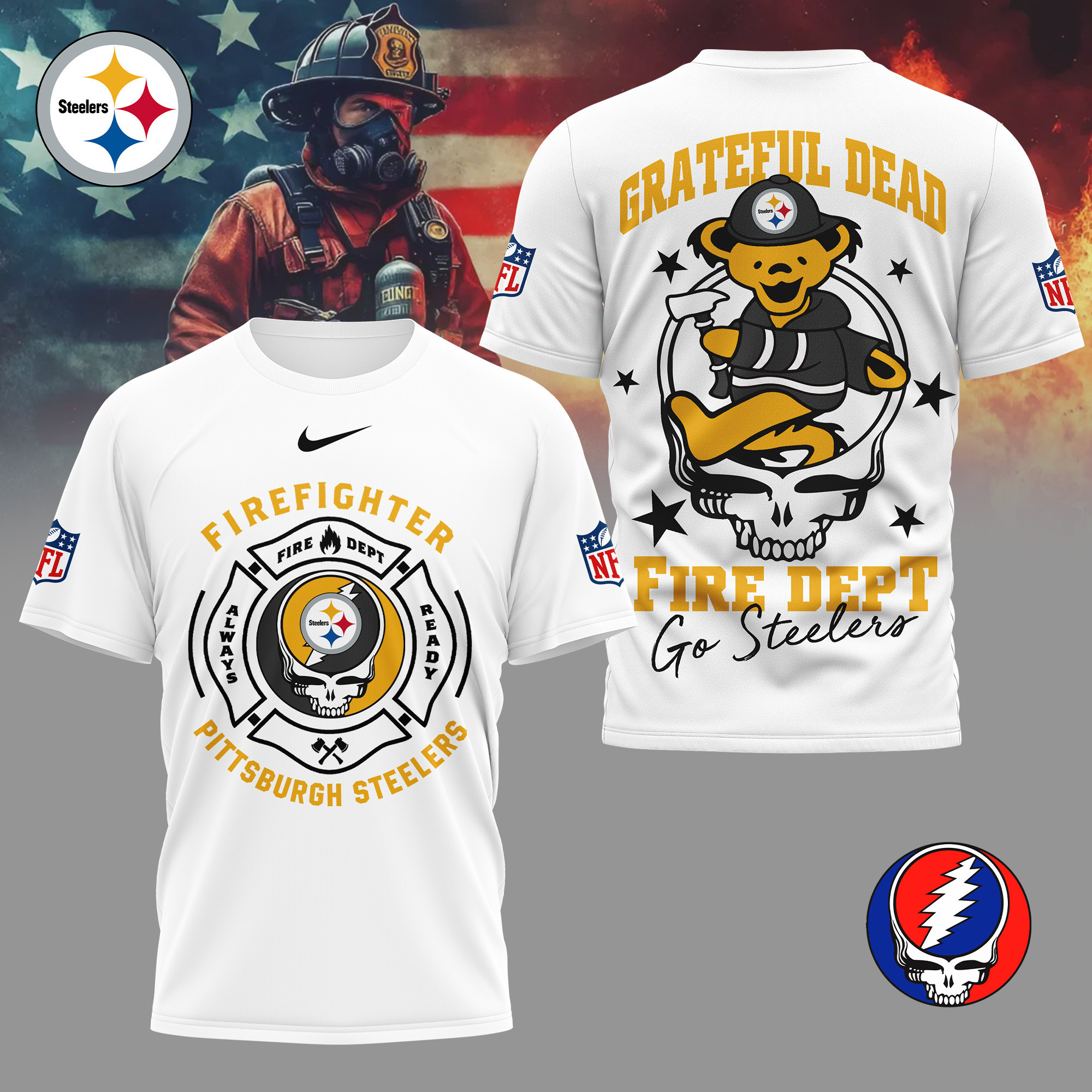 Pittsburgh Steelers | Premium NFL Grateful Dead Firefighter 3D Shirt NY