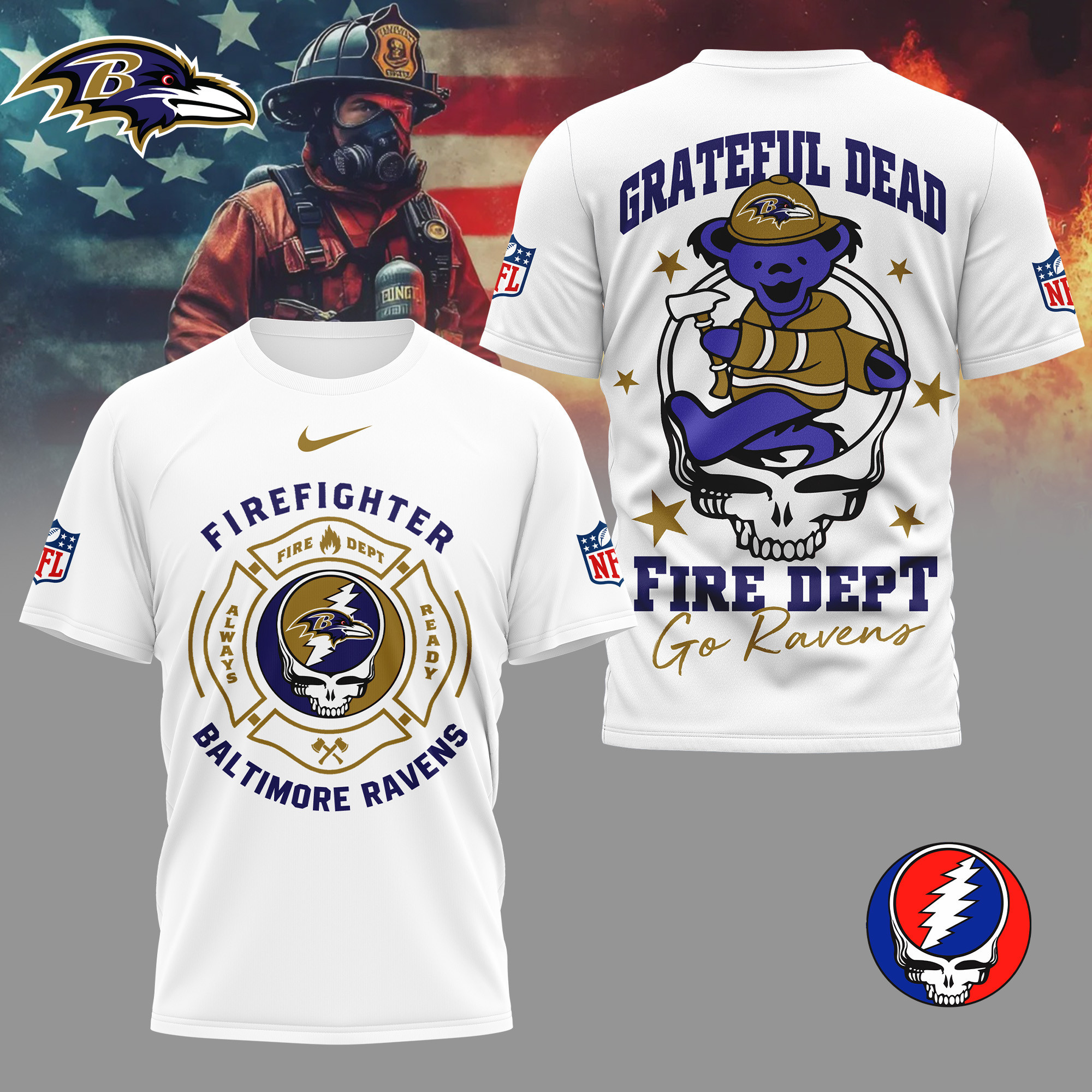 Baltimore Ravens | Premium NFL Grateful Dead Firefighter 3D Shirt NY