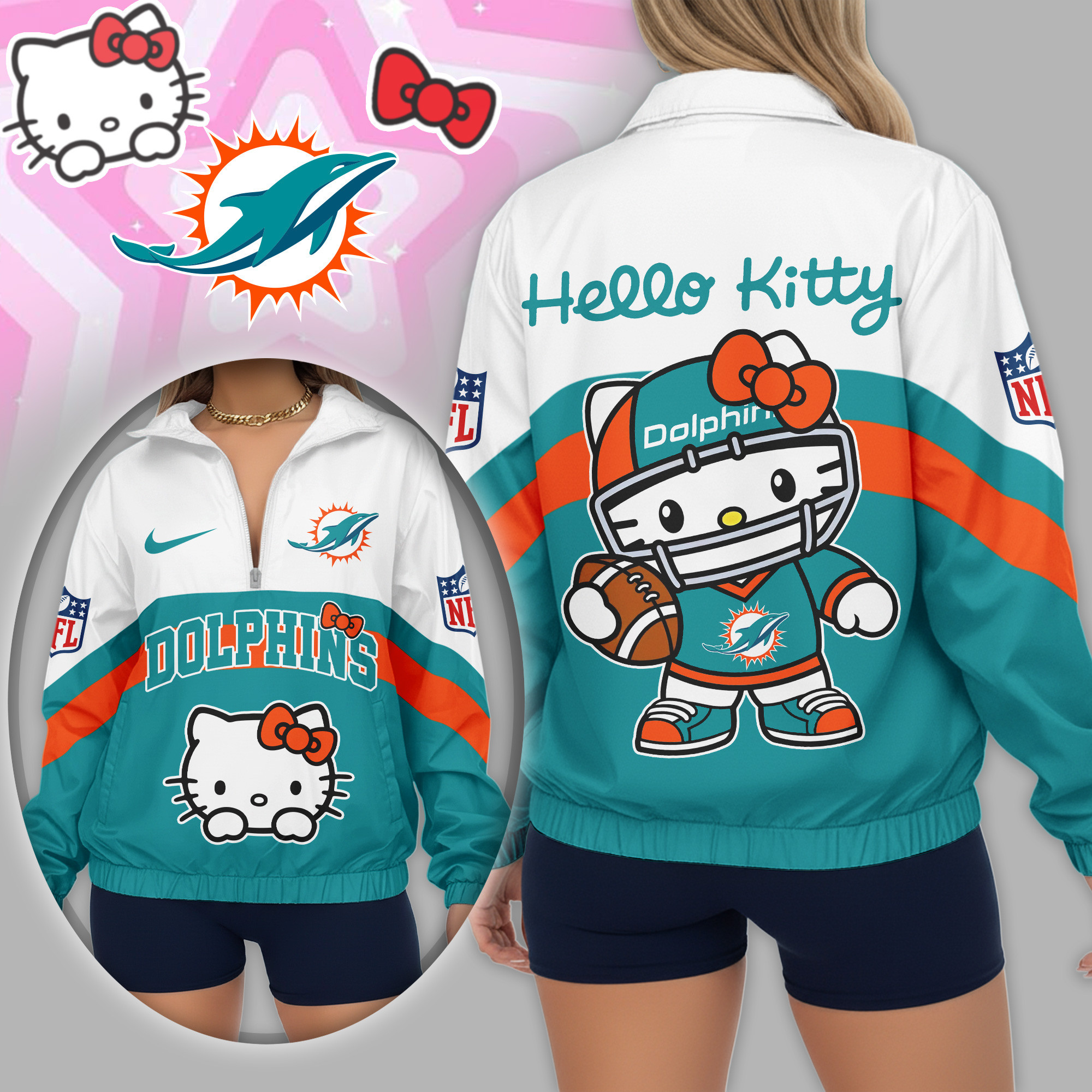 Miami Dolphins | Premium NFL Hello Kitty V-neck Zipper TD