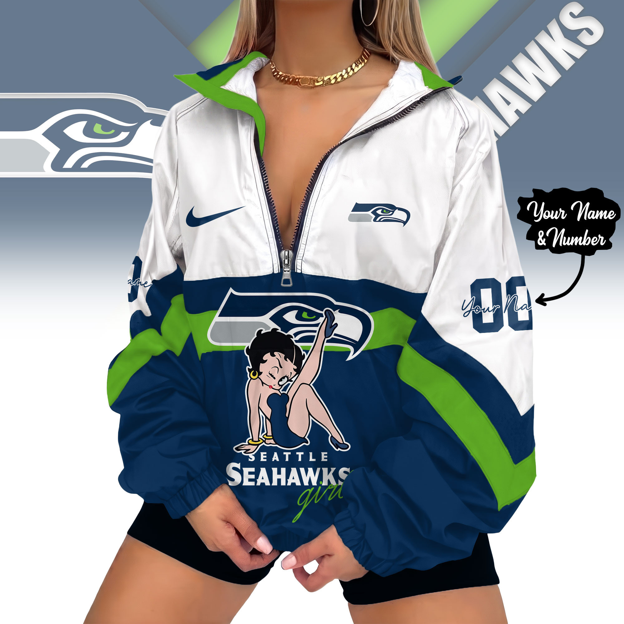 Seattle Seahawks | Premium NFL Custom Game Day Girl Windbreaker V-Neck Zipper Sweatshirt Jackets NTH1