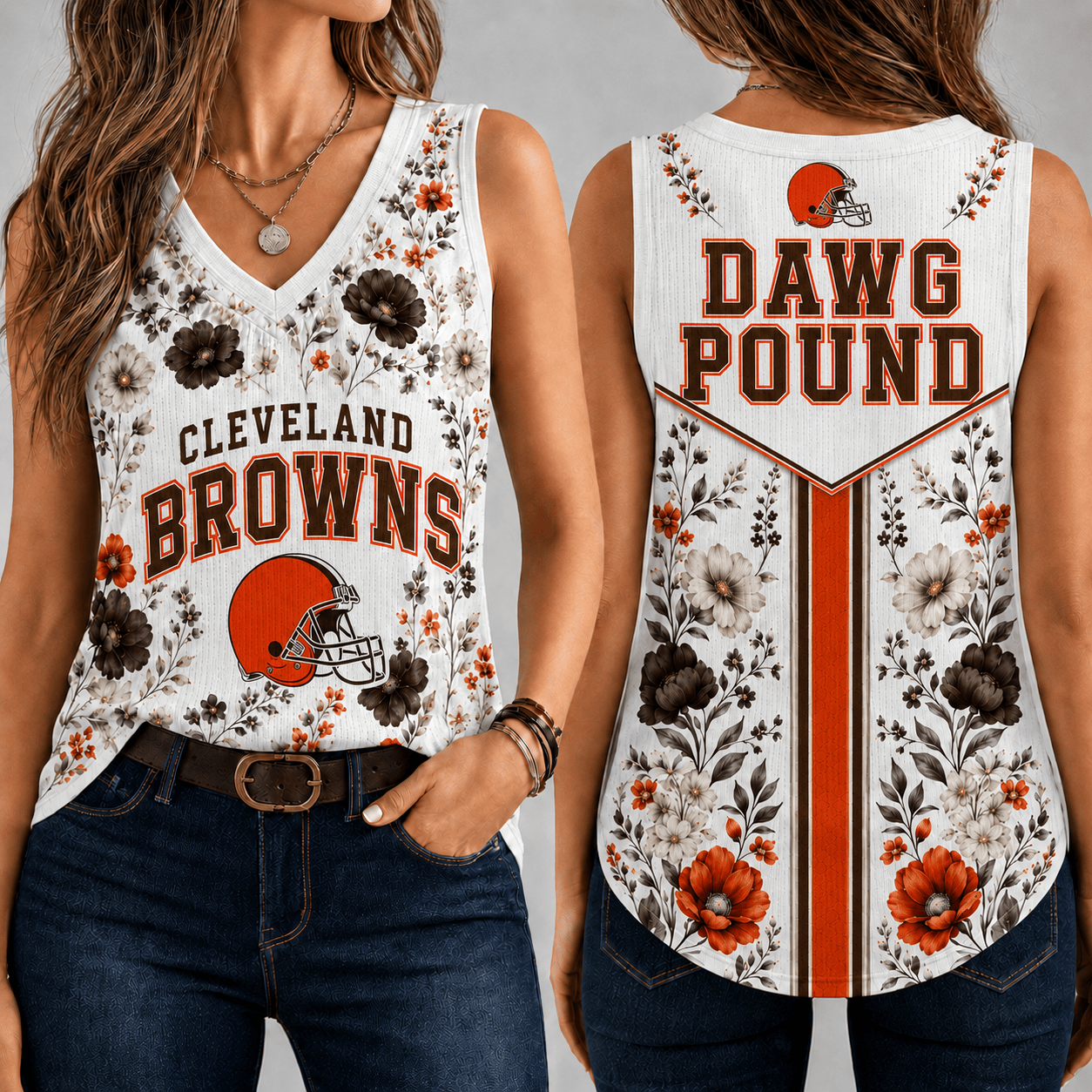 Cleveland Browns | Premium NFL Floral Vintage Game Day Women’s V-Neck Tank Top TD