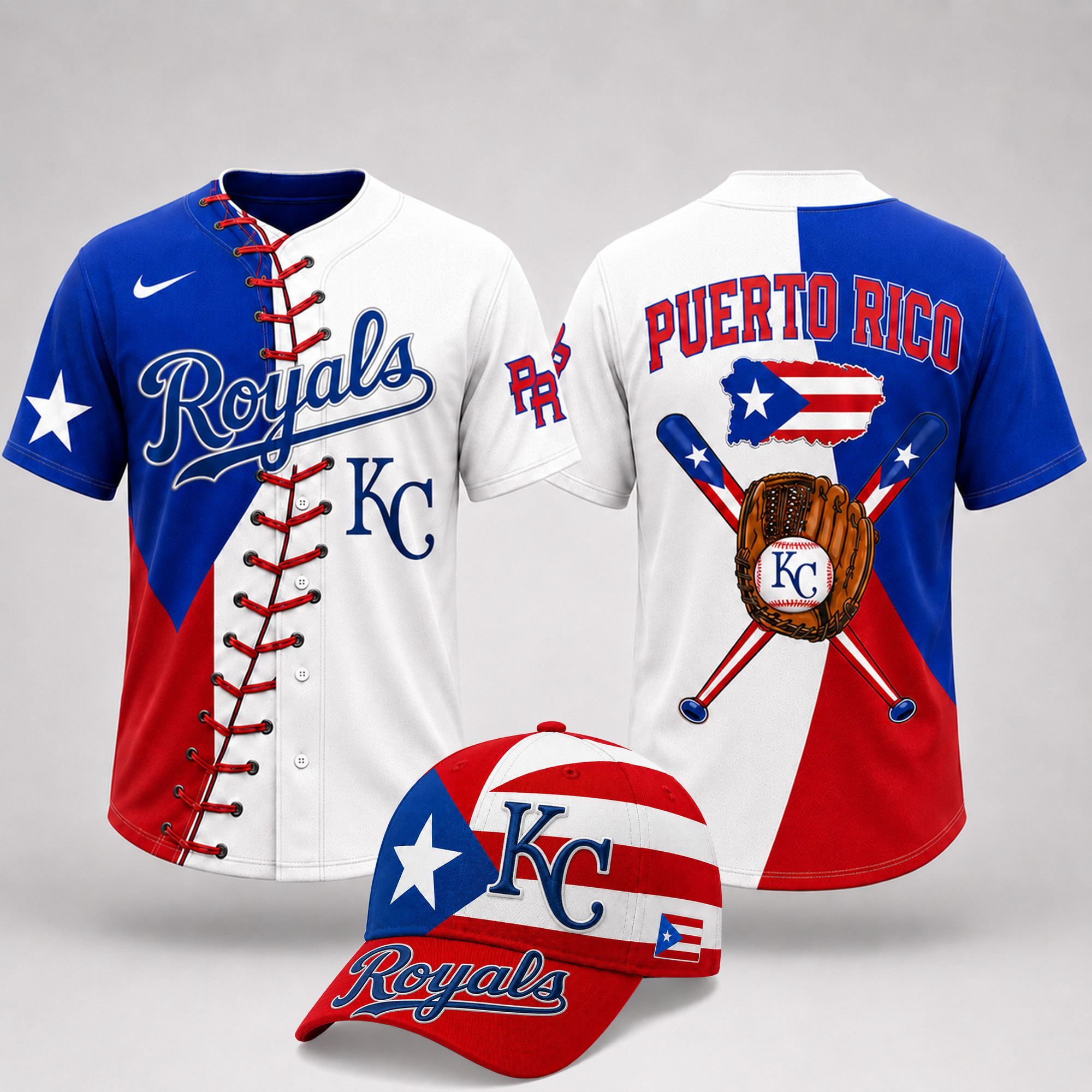 Kansas City Royals | Premium MLB Puerto Rico Island Pride Baseball Jersey And Cap Set