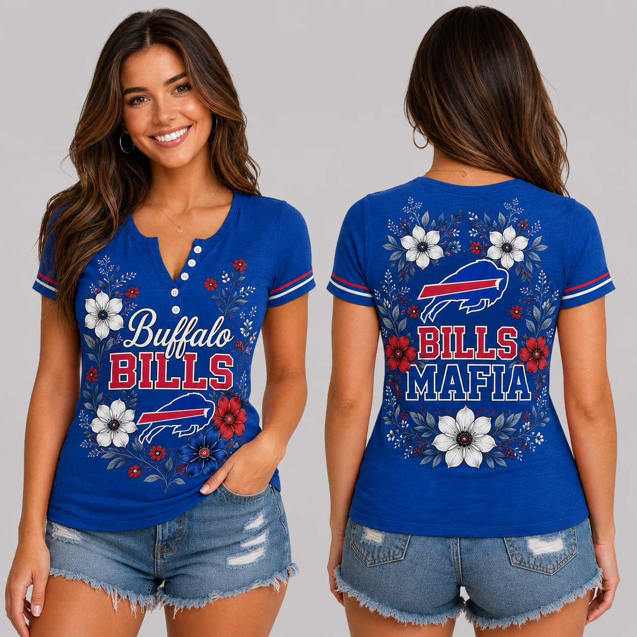 Buffalo Bills | Premium NFL Team Pride Elegant Game Day Women’s Button V-Neck Shirt TD