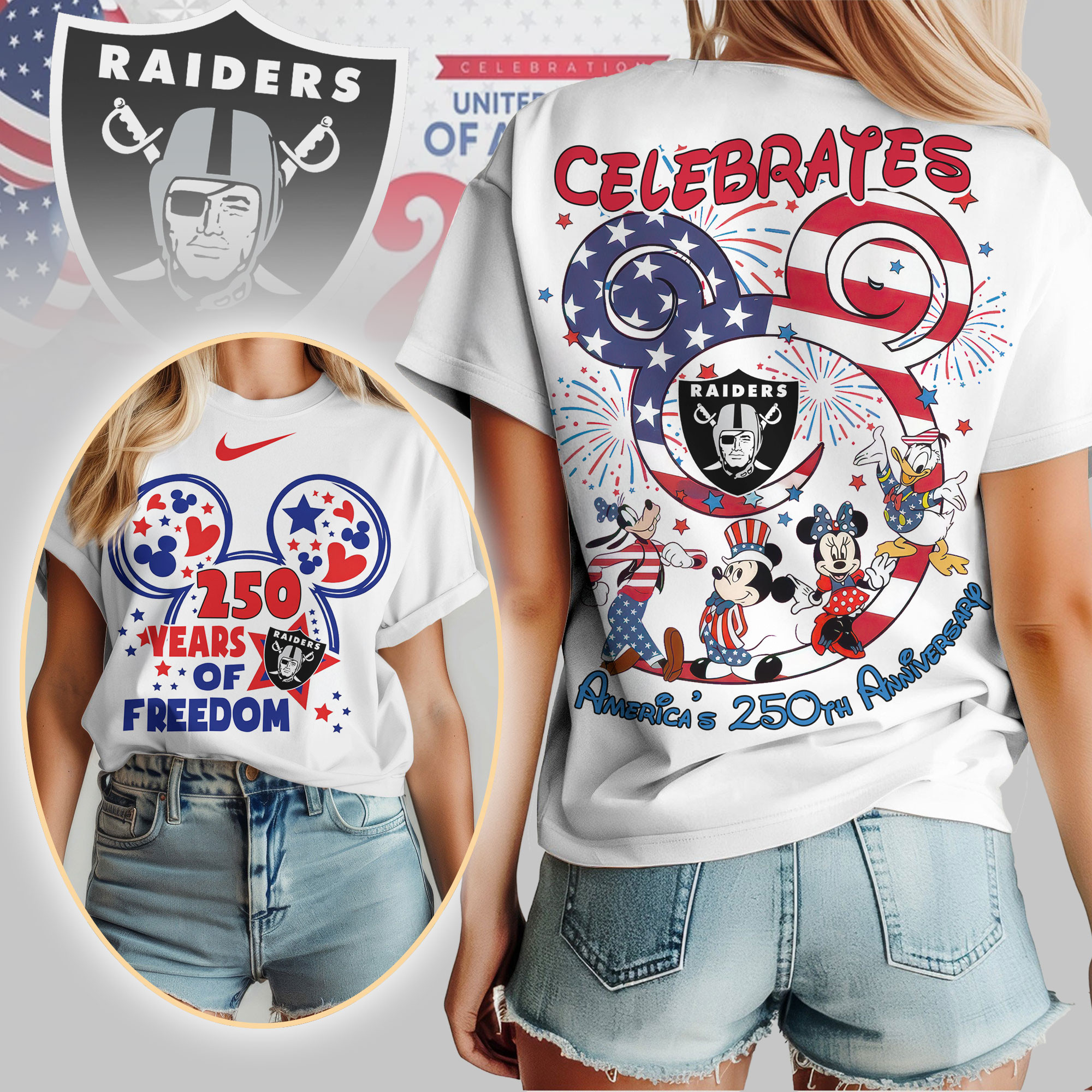 Las Vegas Raiders | Premium NFL Mickey Celebrates America 250th Anniversary Women Shirt TD