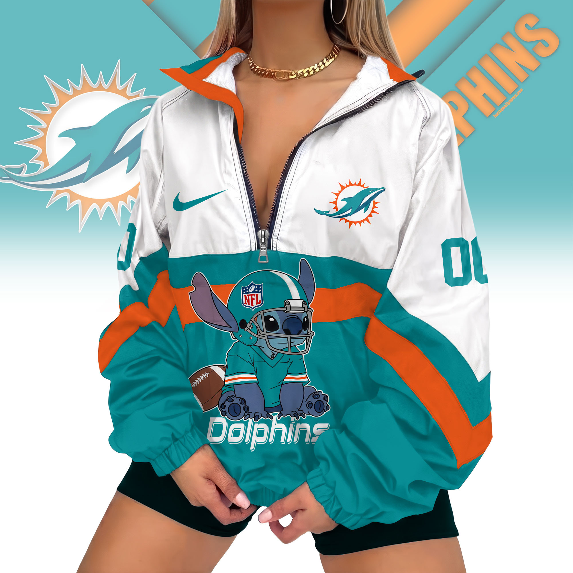 Miami Dolphins | Premium NFL Cute Team Windbreaker V-Neck Zipper Sweatshirt Jackets NTH1