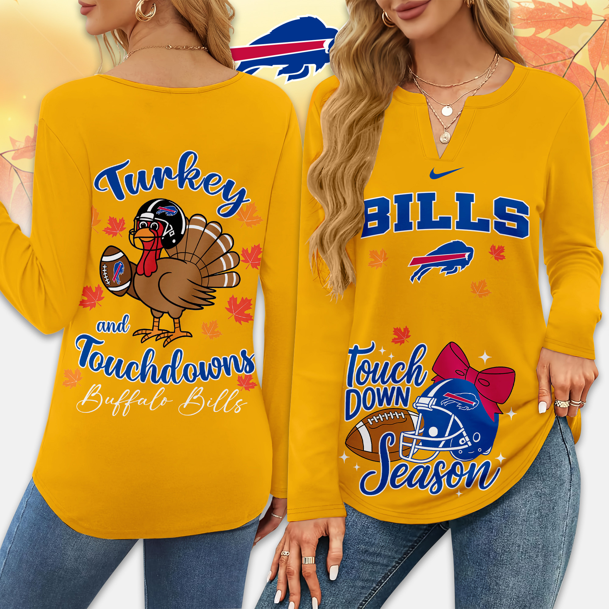 Buffalo Bills | Premium NFL Turkey and Touchdowns V-neck Long Sleeve Shirt TD