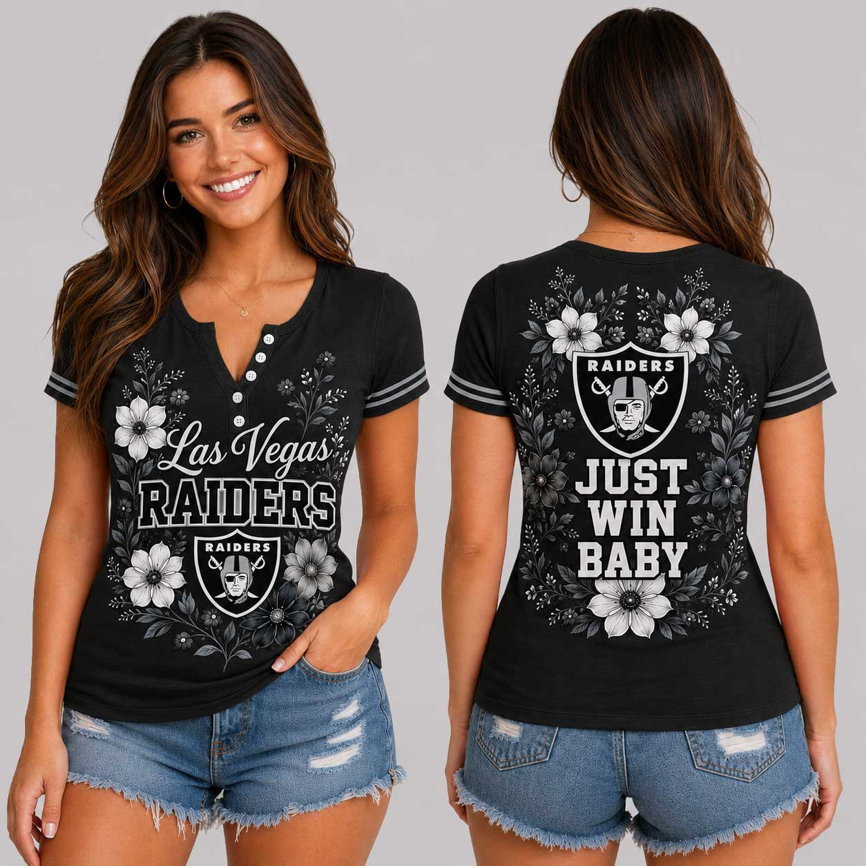 Las Vegas Raiders | Premium NFL Team Pride Elegant Game Day Women’s Button V-Neck Shirt TD