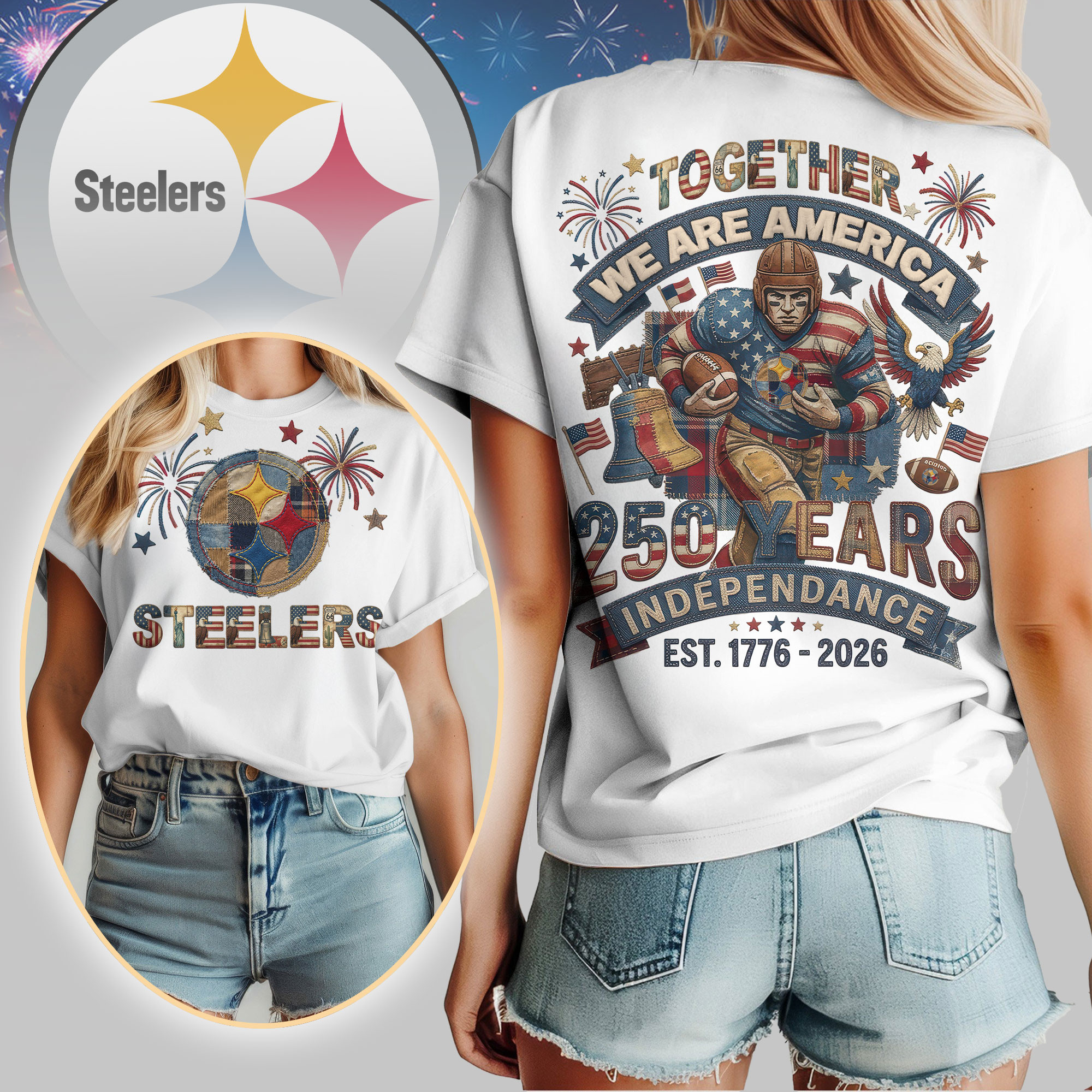 Pittsburgh Steelers | Premium NFL 250th Anniversary Of America Patchwork Women Shirt HY