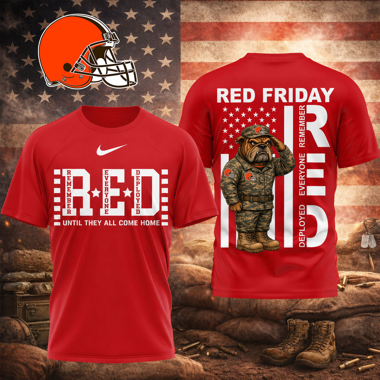 Cleveland Browns | Premium NFL Red Friday Remember Everyone Deployed Veteran Tribute T-Shirt TD