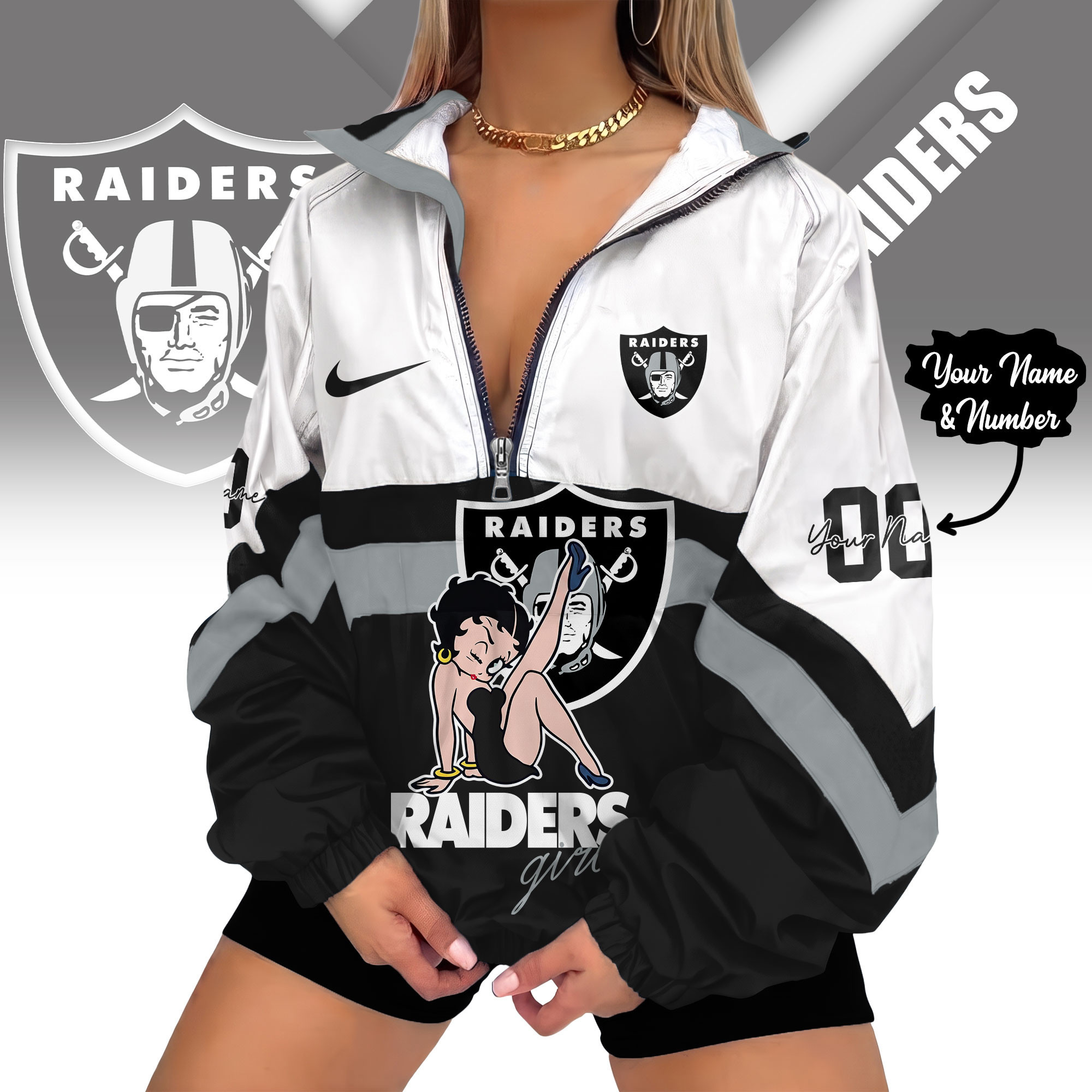 Las Vegas Raiders | Premium NFL Custom Game Day Girl Windbreaker V-Neck Zipper Sweatshirt Jackets NTH1