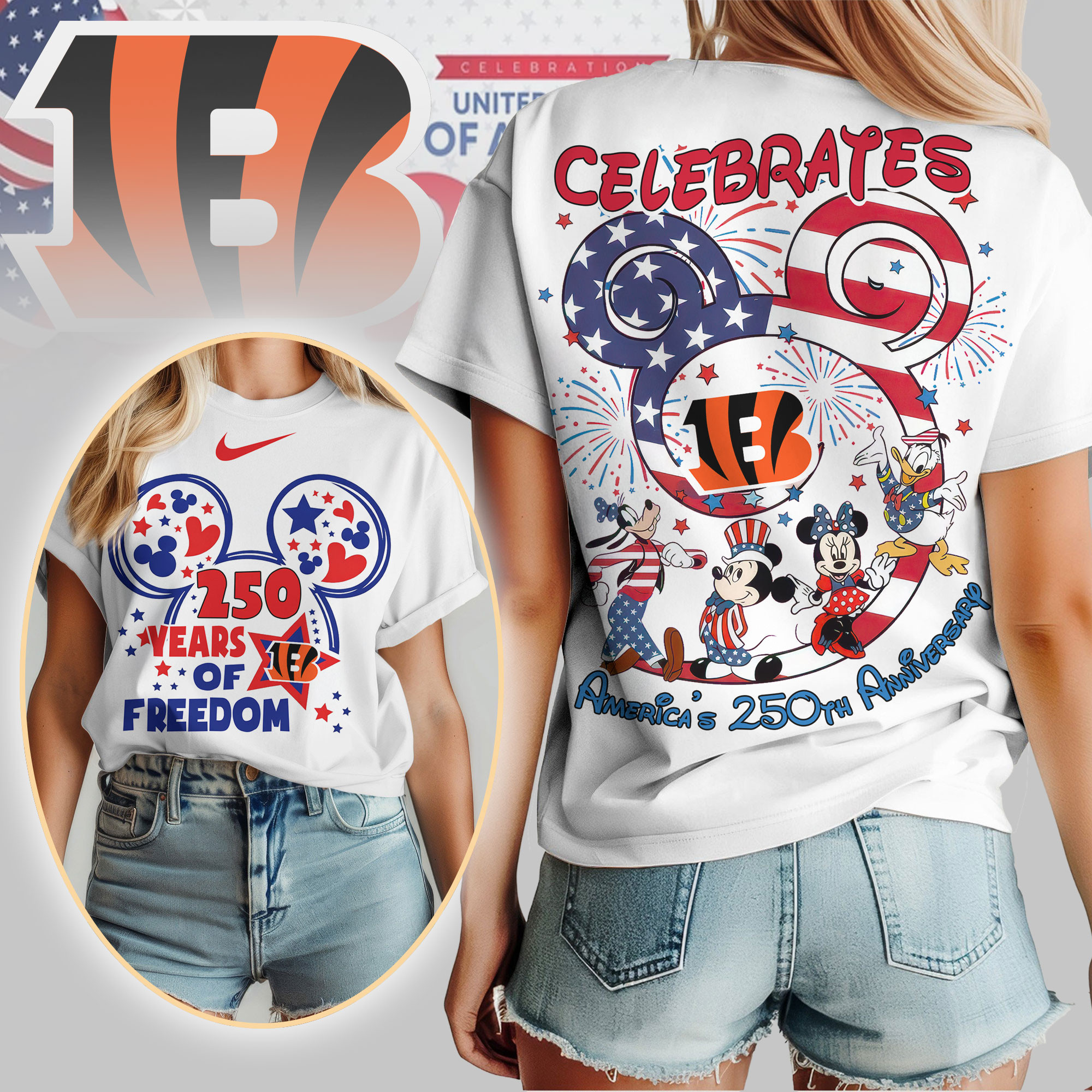 Cincinnati Bengals | Premium NFL Mickey Celebrates America 250th Anniversary Women Shirt TD