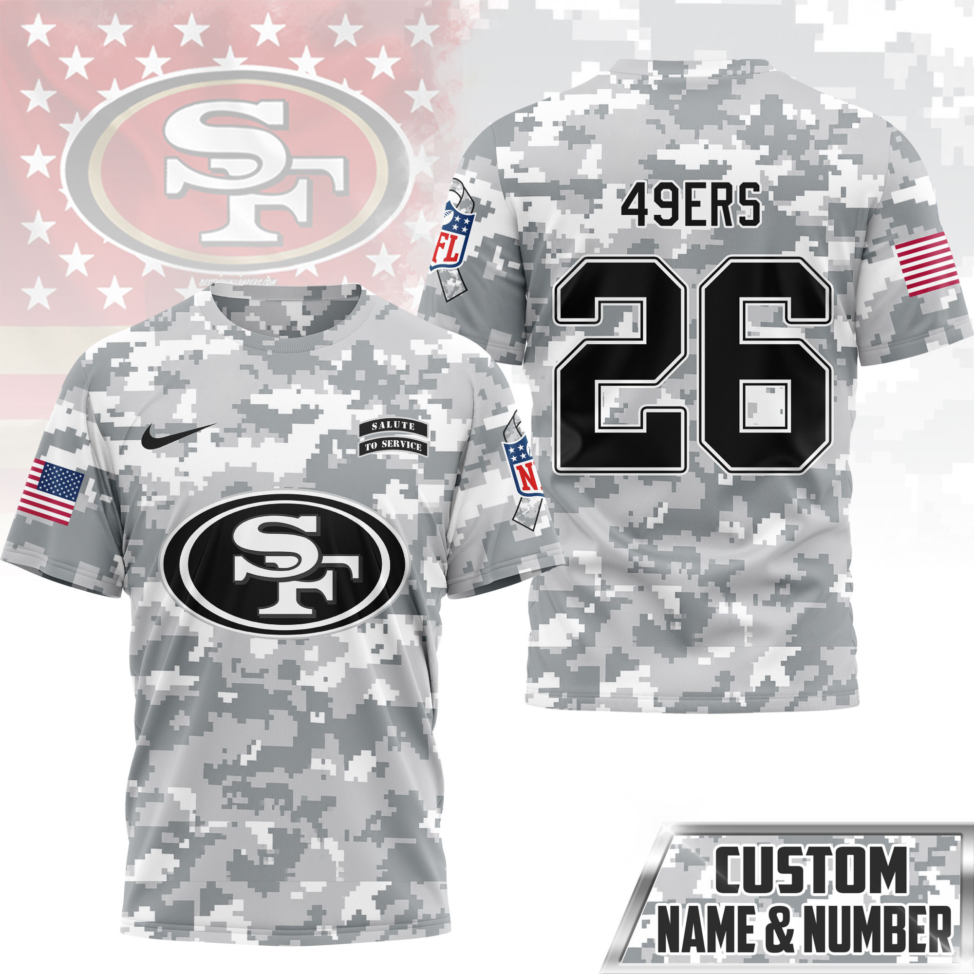 San Francisco 49ers | Premium NFL Salute to Service Custom Name & Number Camo 3D Shirt NY