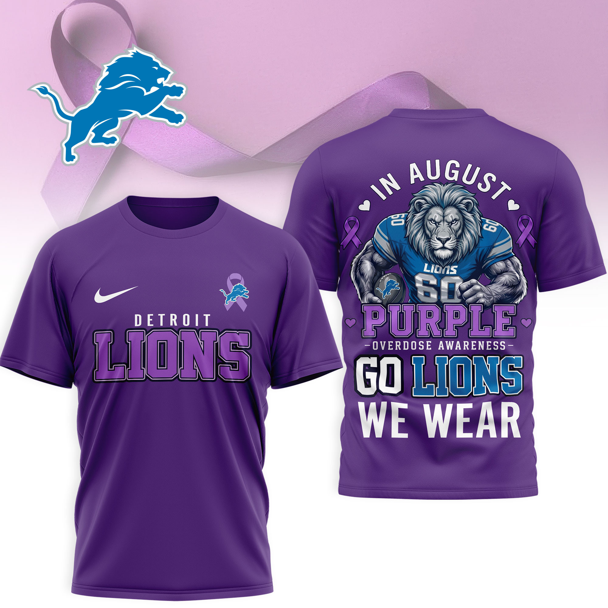 Detroit Lions | Premium NFL In August We Wear Purple Overdose Awareness 3D Shirt NY