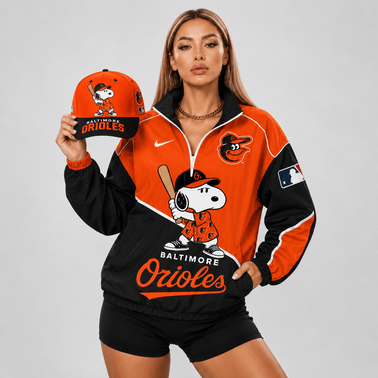 Baltimore Orioles | Premium MLB Snoopy Clubhouse Swing V-neck Jacket And Cap Set
