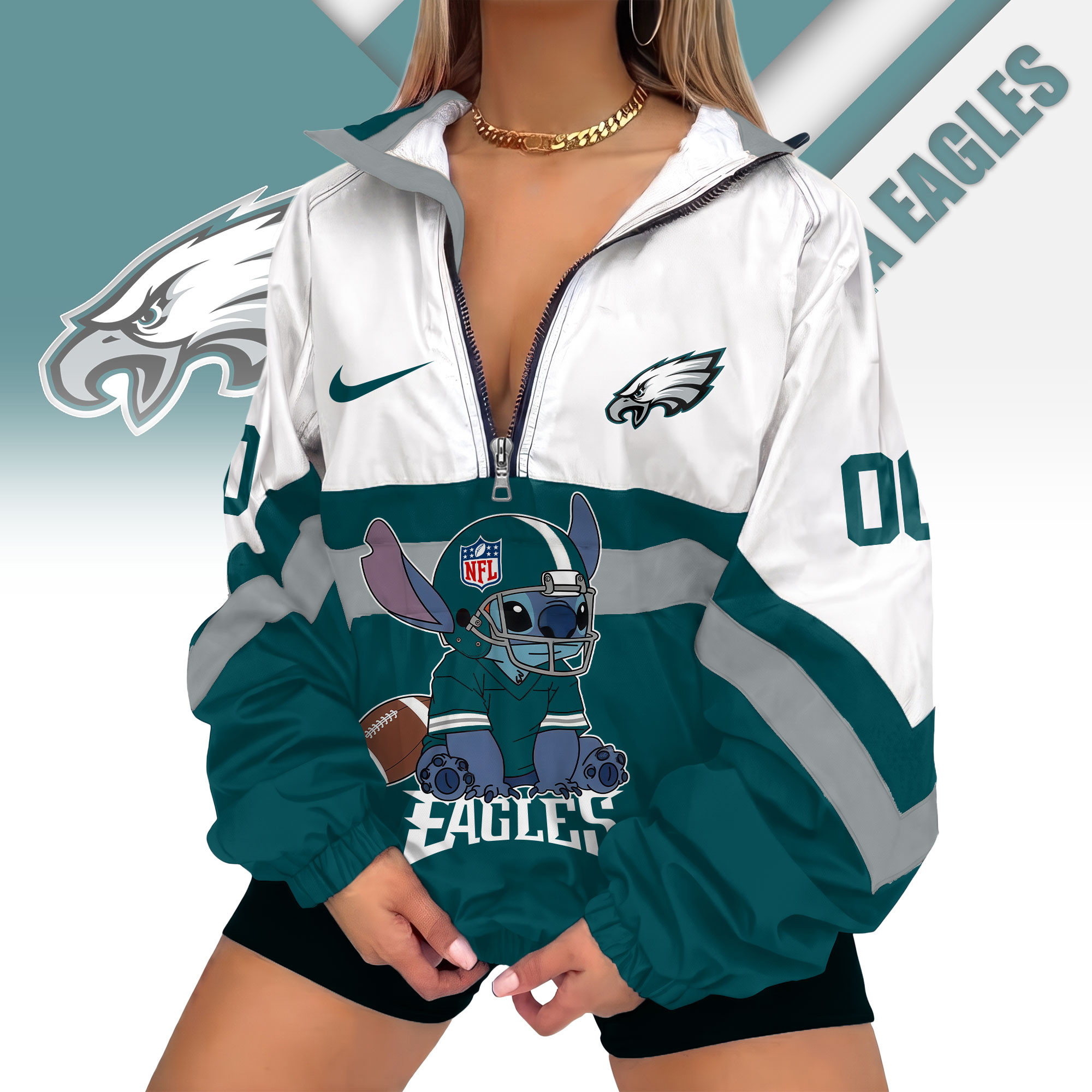 Philadelphia Eagles | Premium NFL Cute Team Windbreaker V-Neck Zipper Sweatshirt Jackets NTH1