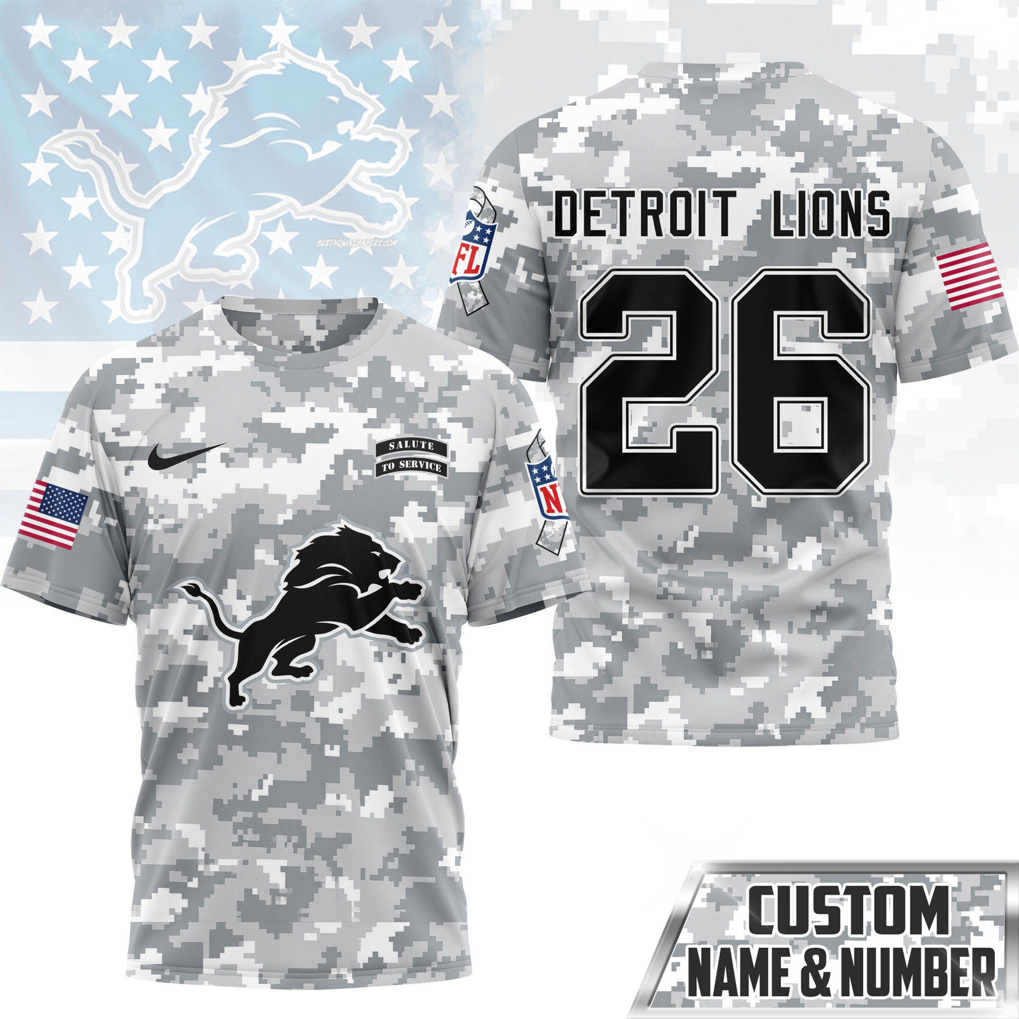 Detroit Lions | Premium NFL Salute to Service Custom Name & Number Camo 3D Shirt NY