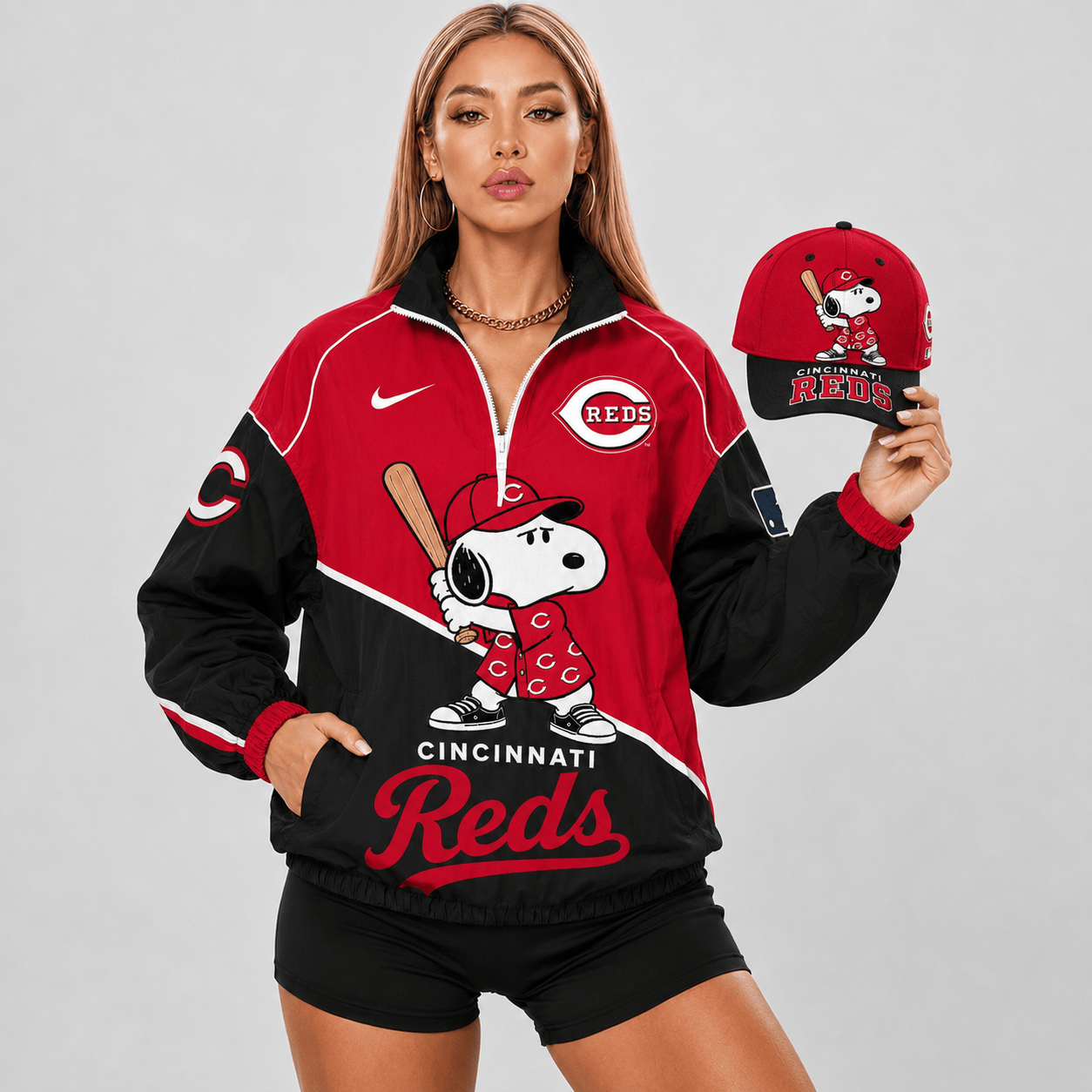 Cincinnati Reds | Premium MLB Snoopy Clubhouse Swing V-neck Jacket And Cap Set