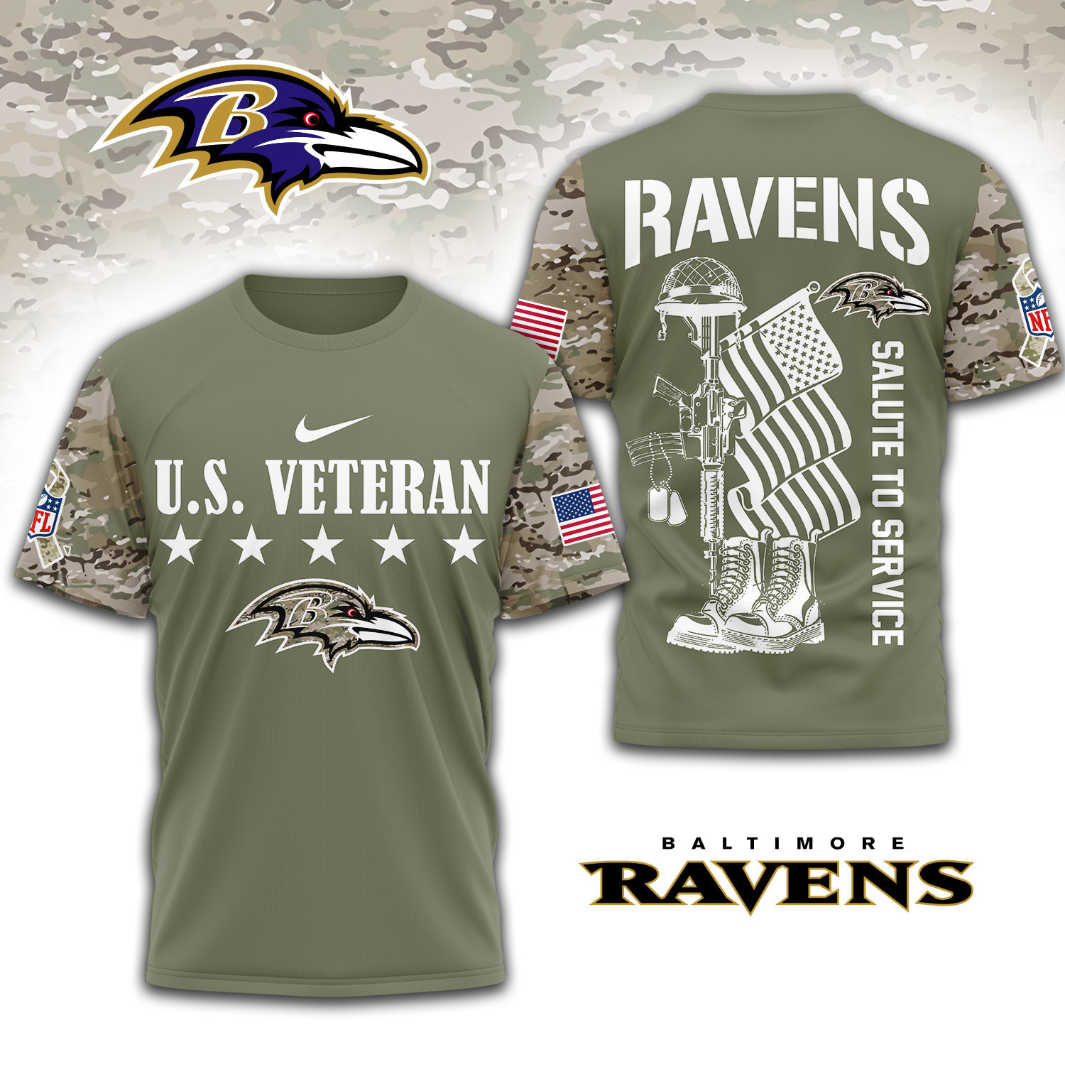 Baltimore Ravens | Premium NFL Salute To Service 3D Shirt TD
