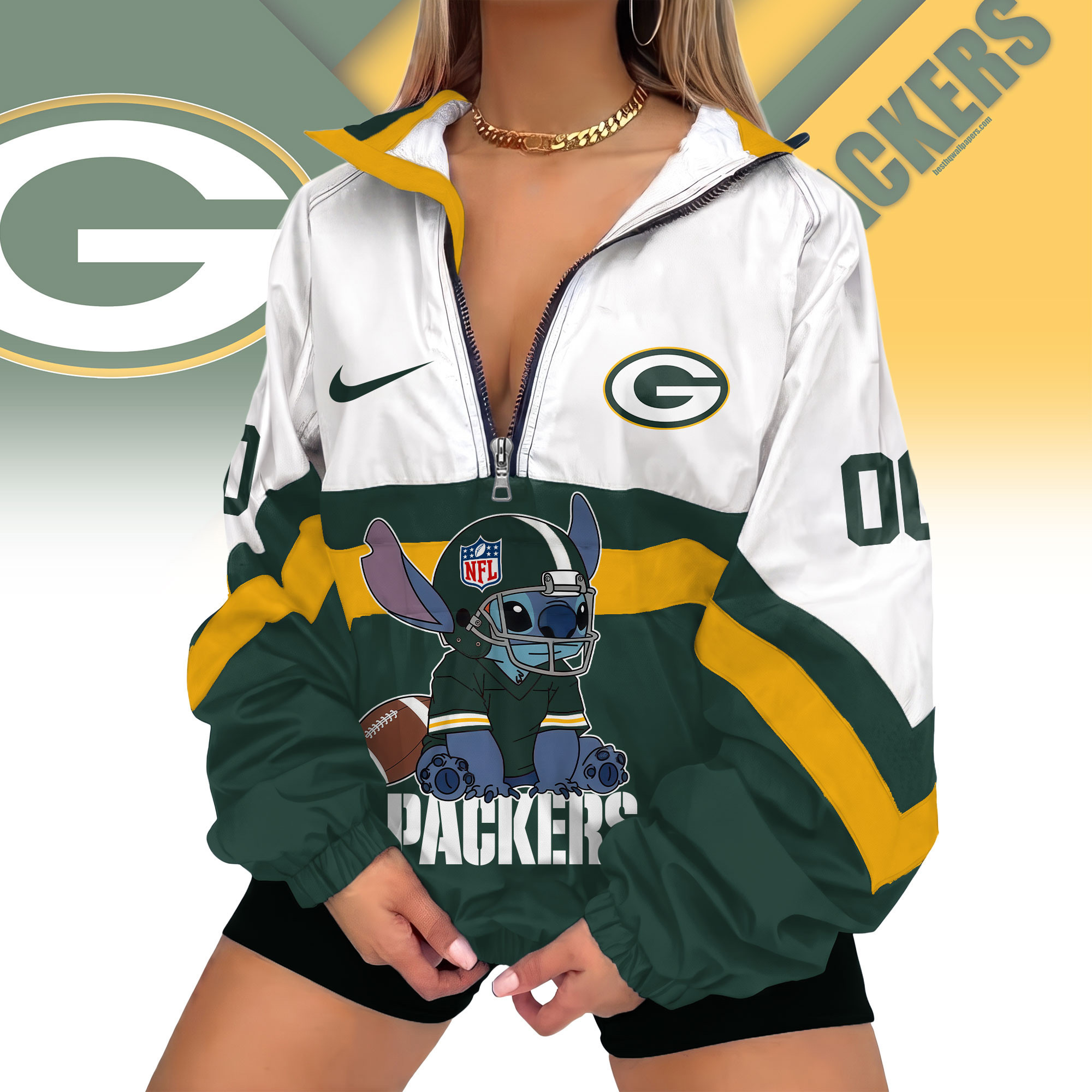 Green Bay Packers | Premium NFL Cute Team Windbreaker V-Neck Zipper Sweatshirt Jackets NTH1