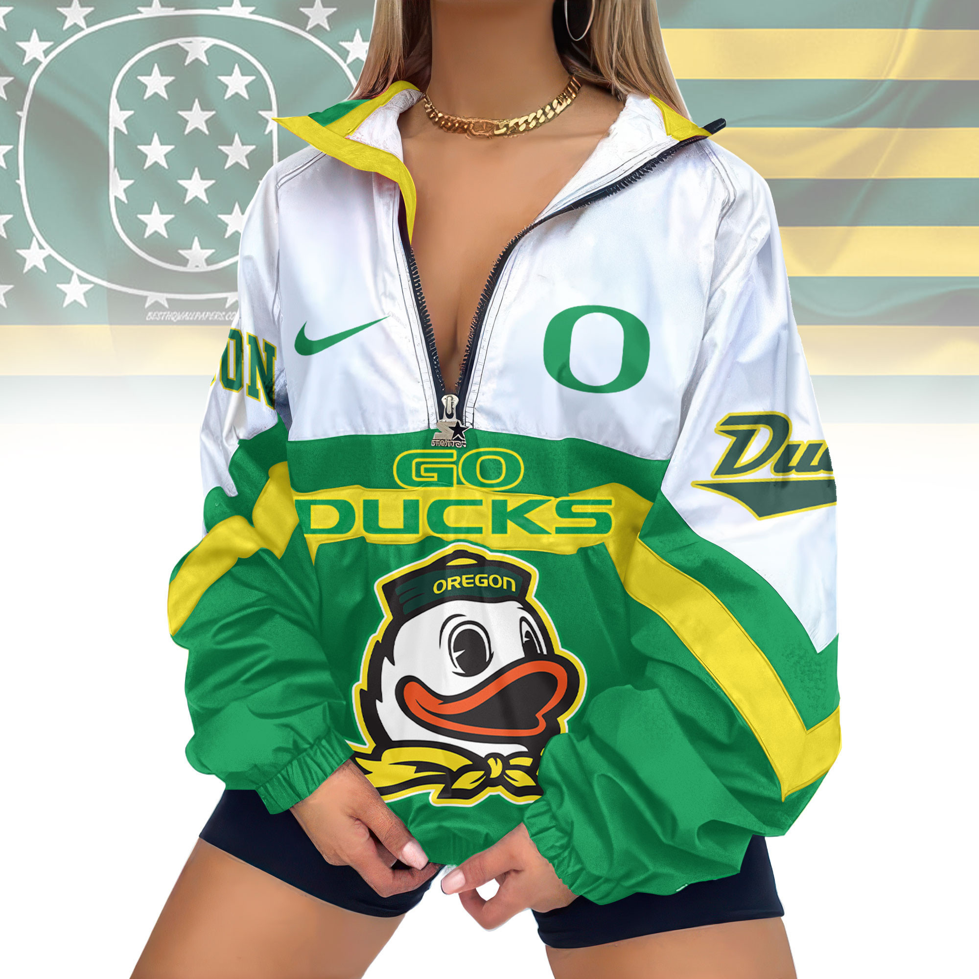 Oregon Ducks | Premium Women's Printed V-Neck Zipper Sweatshirt Jackets TD