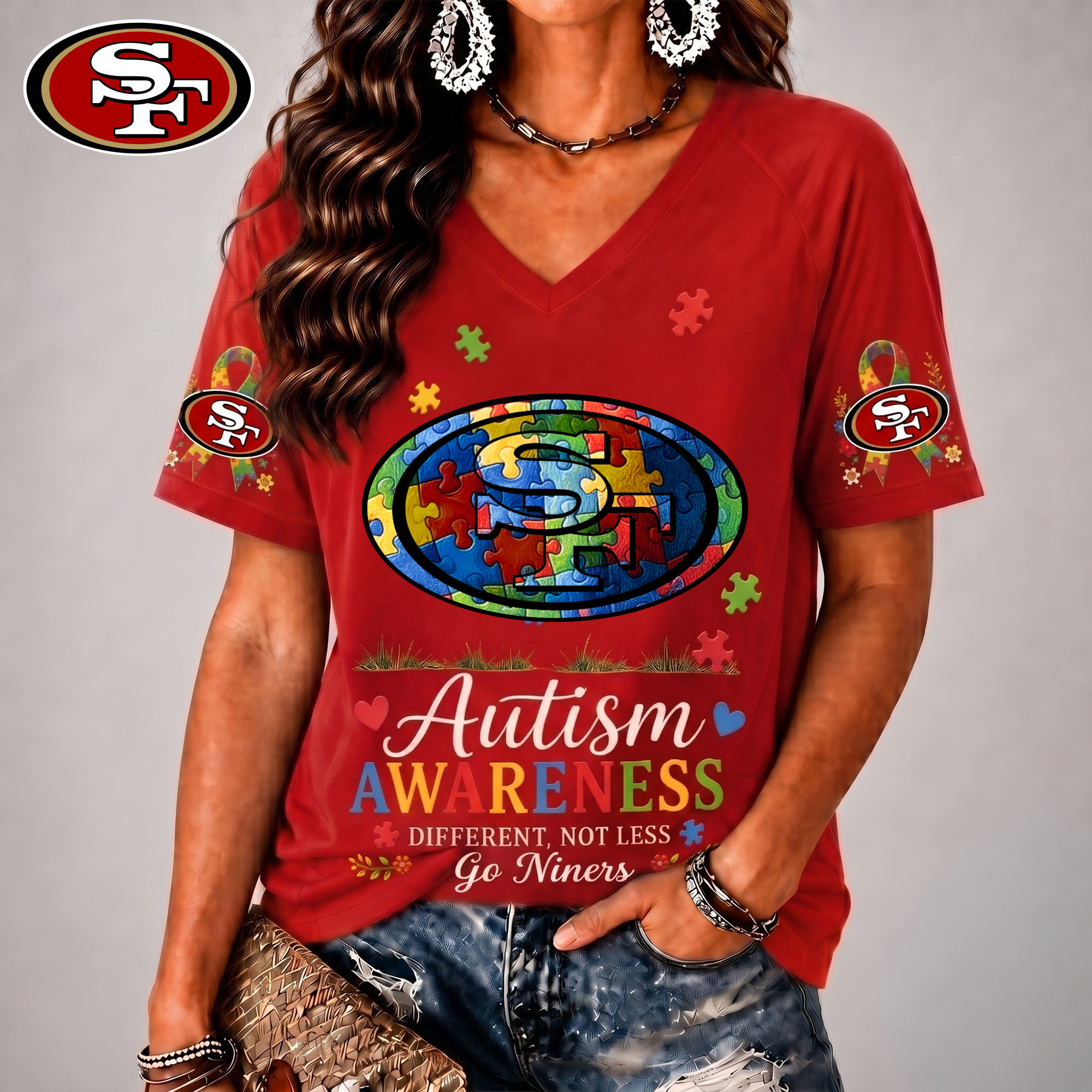 San Francisco 49ers| Premium NFL Different, Not Less Autism Awareness V-neck Shirt NY