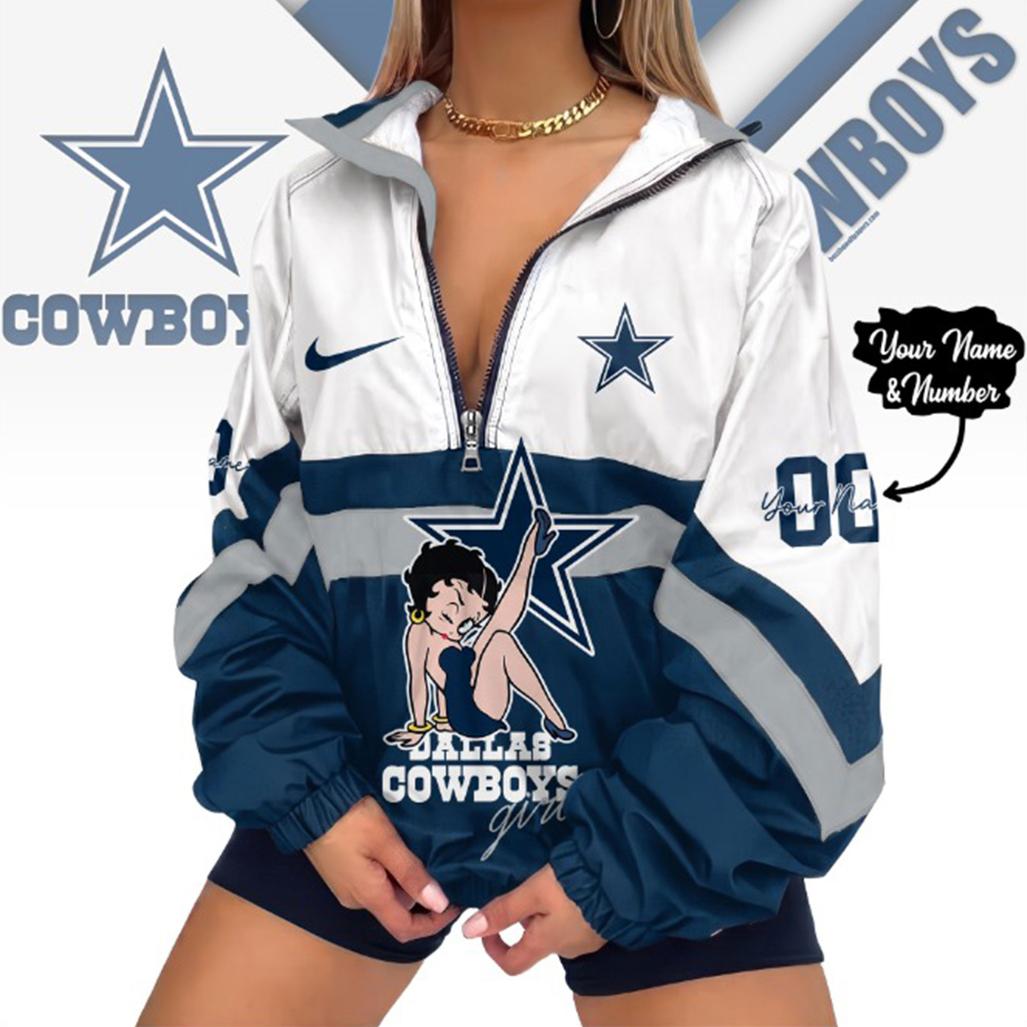 Dallas Cowboys | Premium NFL Custom Game Day Girl Windbreaker V-Neck Zipper Sweatshirt Jackets NTH1