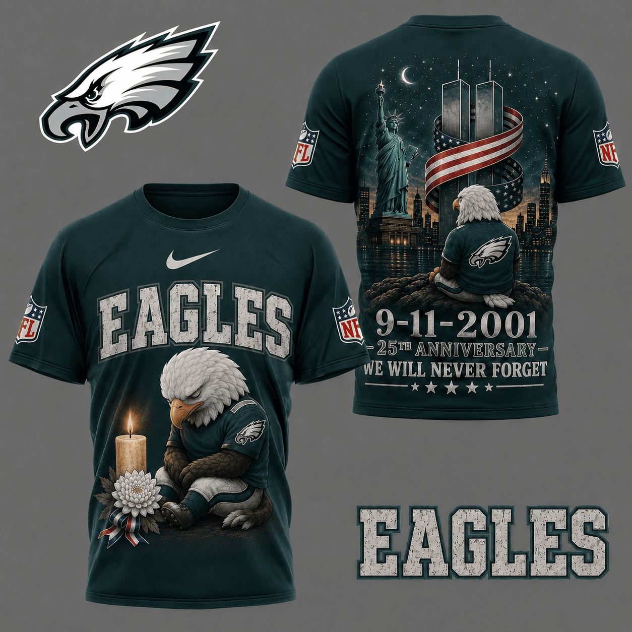 Philadelphia Eagles| Premium NFL 9/11 25th Anniversary Never Forget Memorial 3D Shirt NY