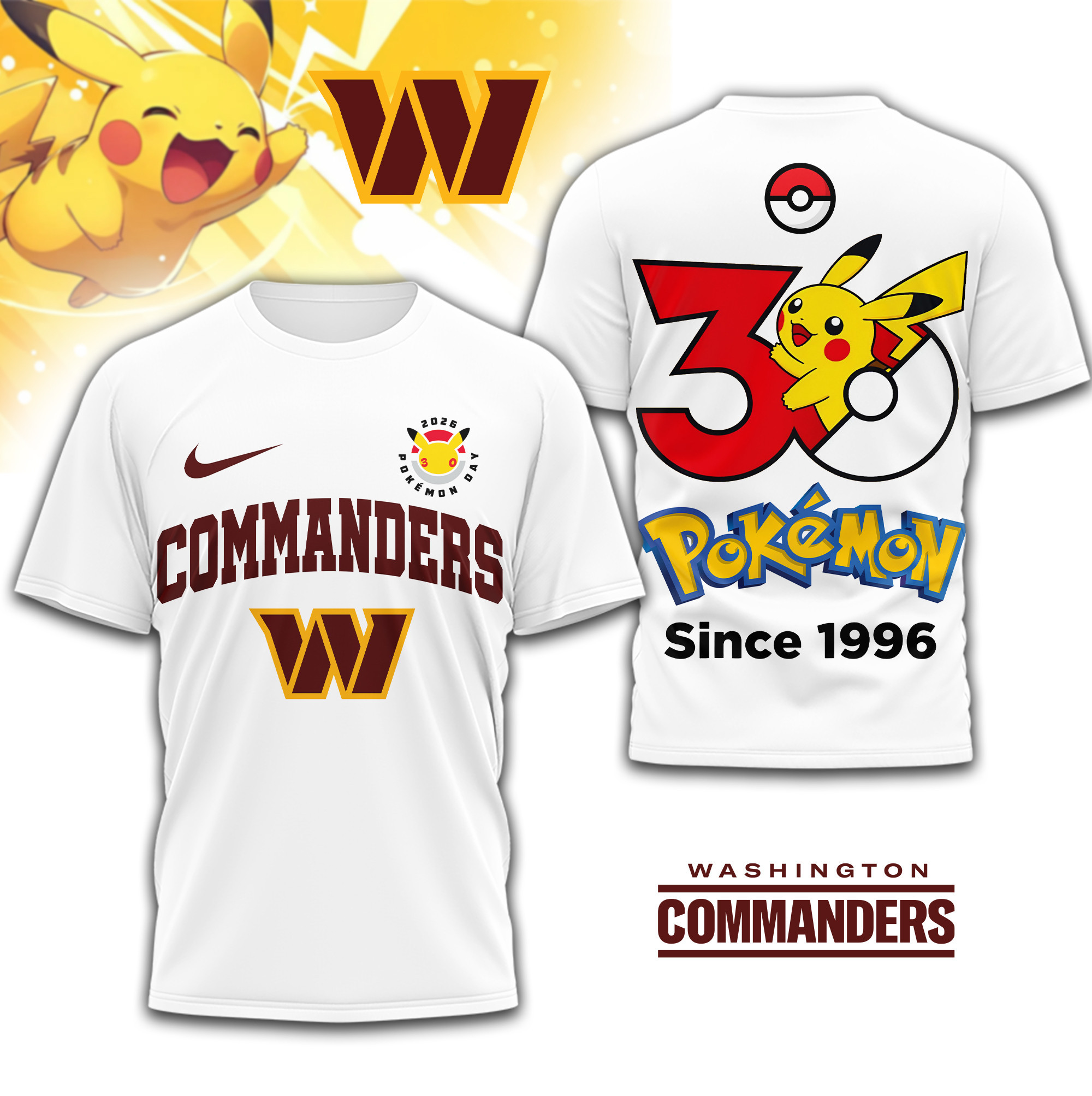 Washington Commanders | Premium NFL Pokemon 30th Anniversary 3D Shirt TD
