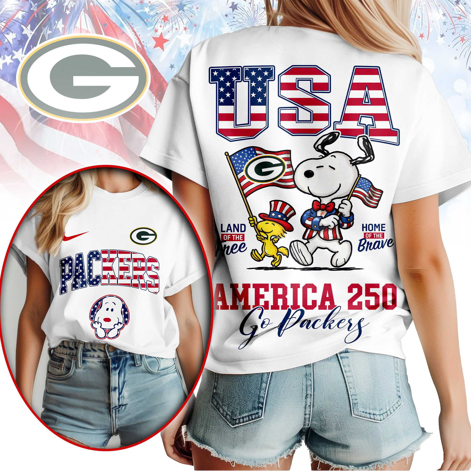 Green Bay Packers | Premium NFL Snoopy America 250 3D Shirt NY