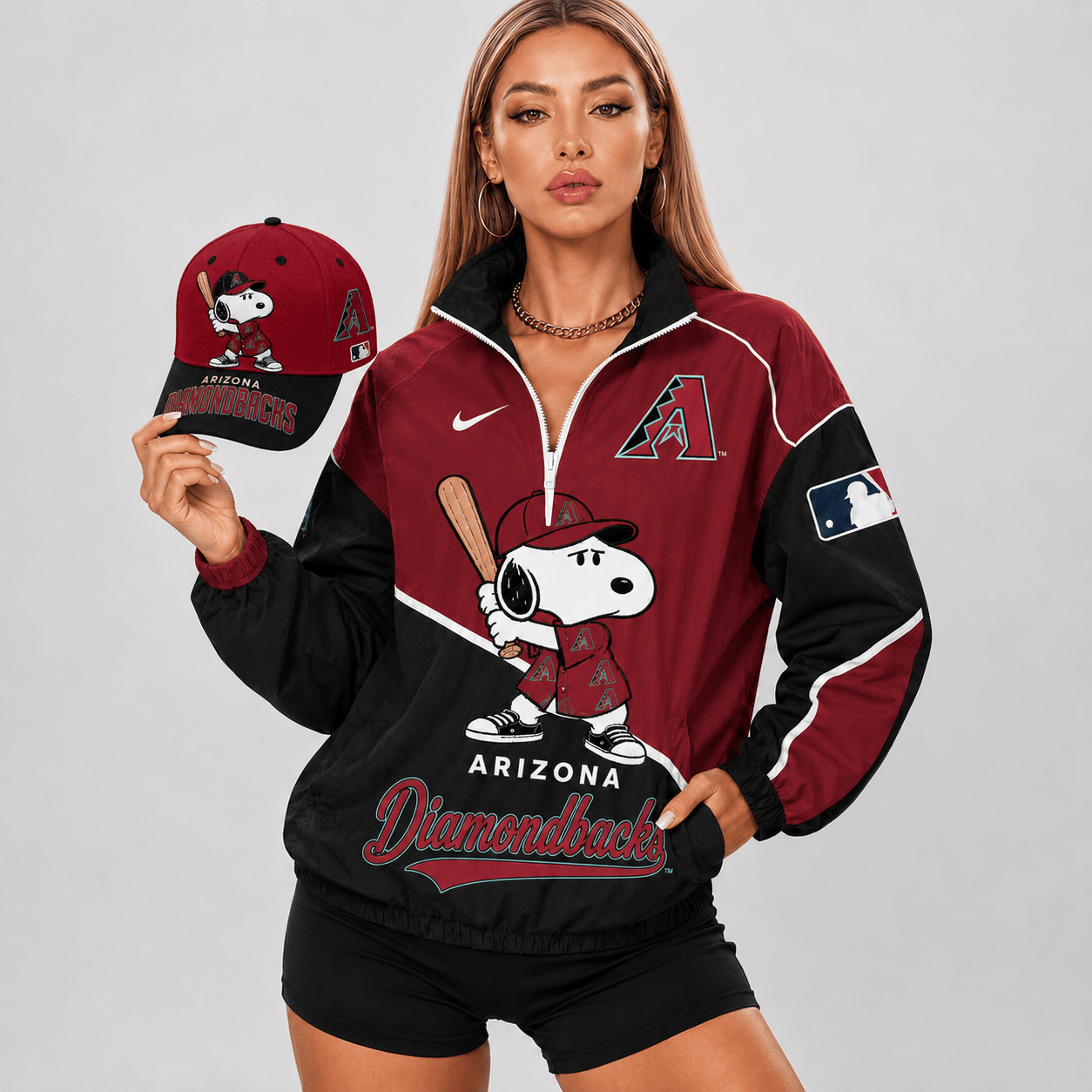 Arizona Diamondbacks | Premium MLB Snoopy Clubhouse Swing V-neck Jacket And Cap Set