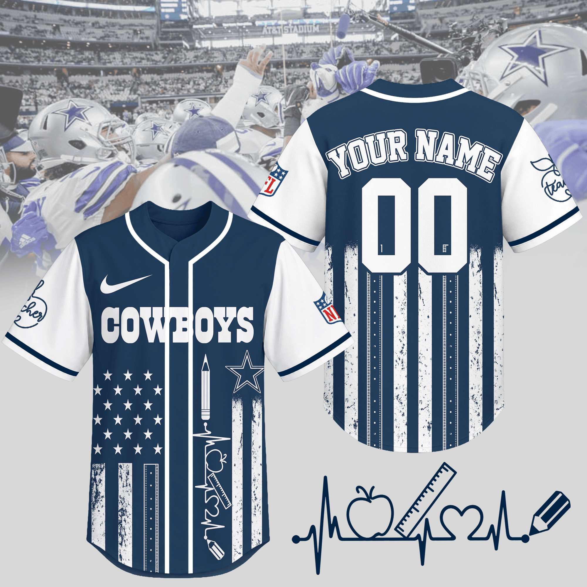 Dallas Cowboys | Premium NFL Personalized Teacher Heartbeat Jersey NTH1