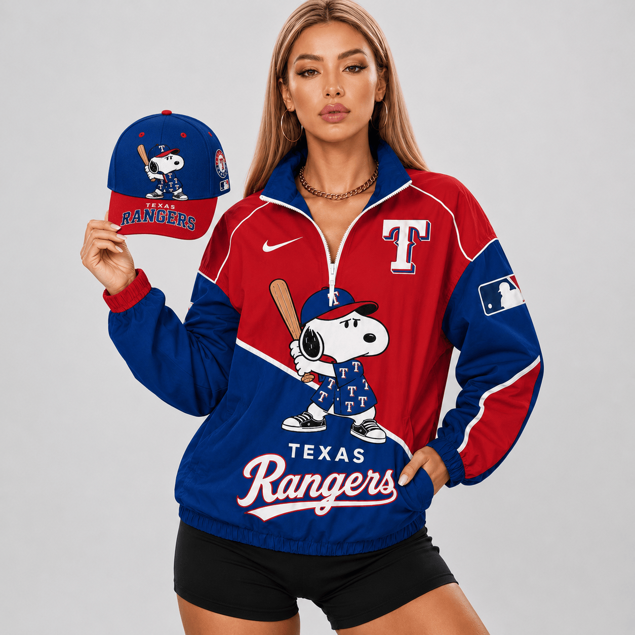Texas Rangers | Premium MLB Snoopy Clubhouse Swing V-neck Jacket And Cap Set