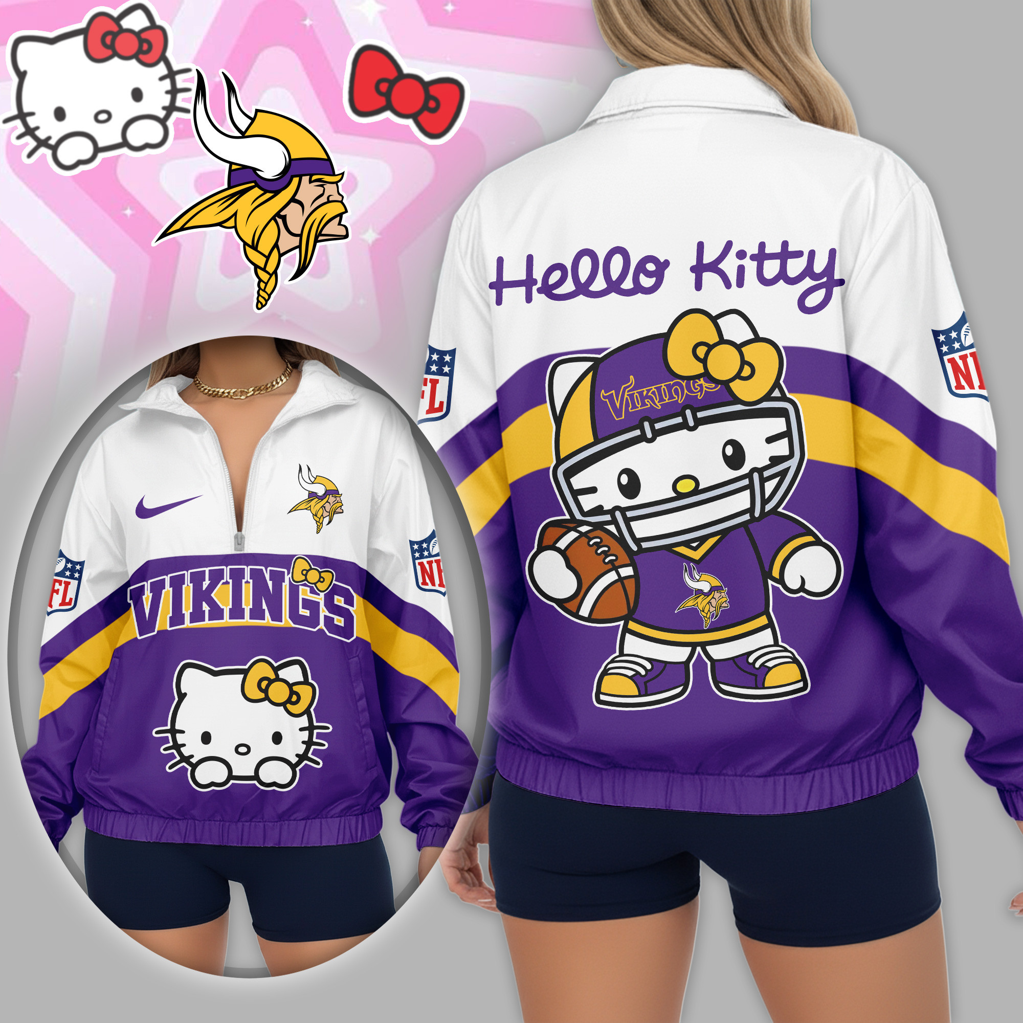 Minnesota Vikings | Premium NFL Hello Kitty V-neck Zipper TD