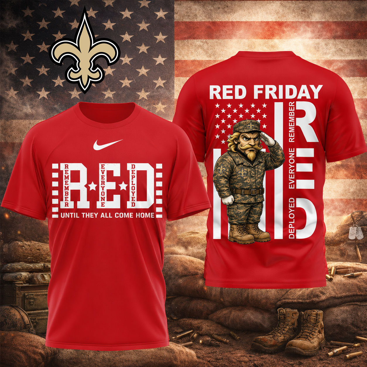 New Orleans Saints | Premium NFL Red Friday Remember Everyone Deployed Veteran Tribute T-Shirt TD