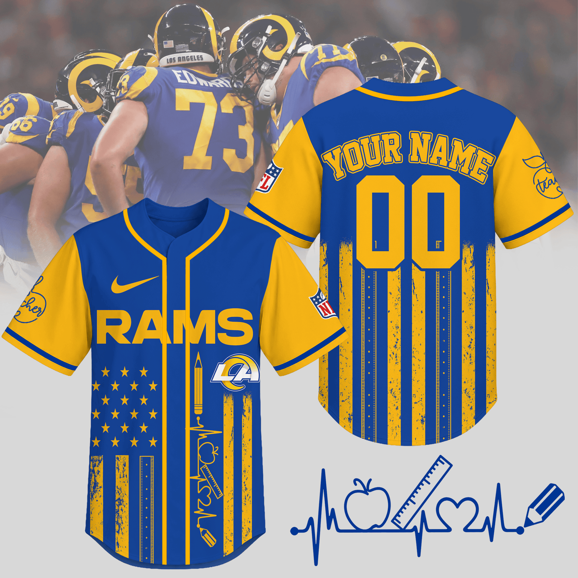 Los Angeles Rams | Premium NFL Personalized Teacher Heartbeat Jersey NTH1