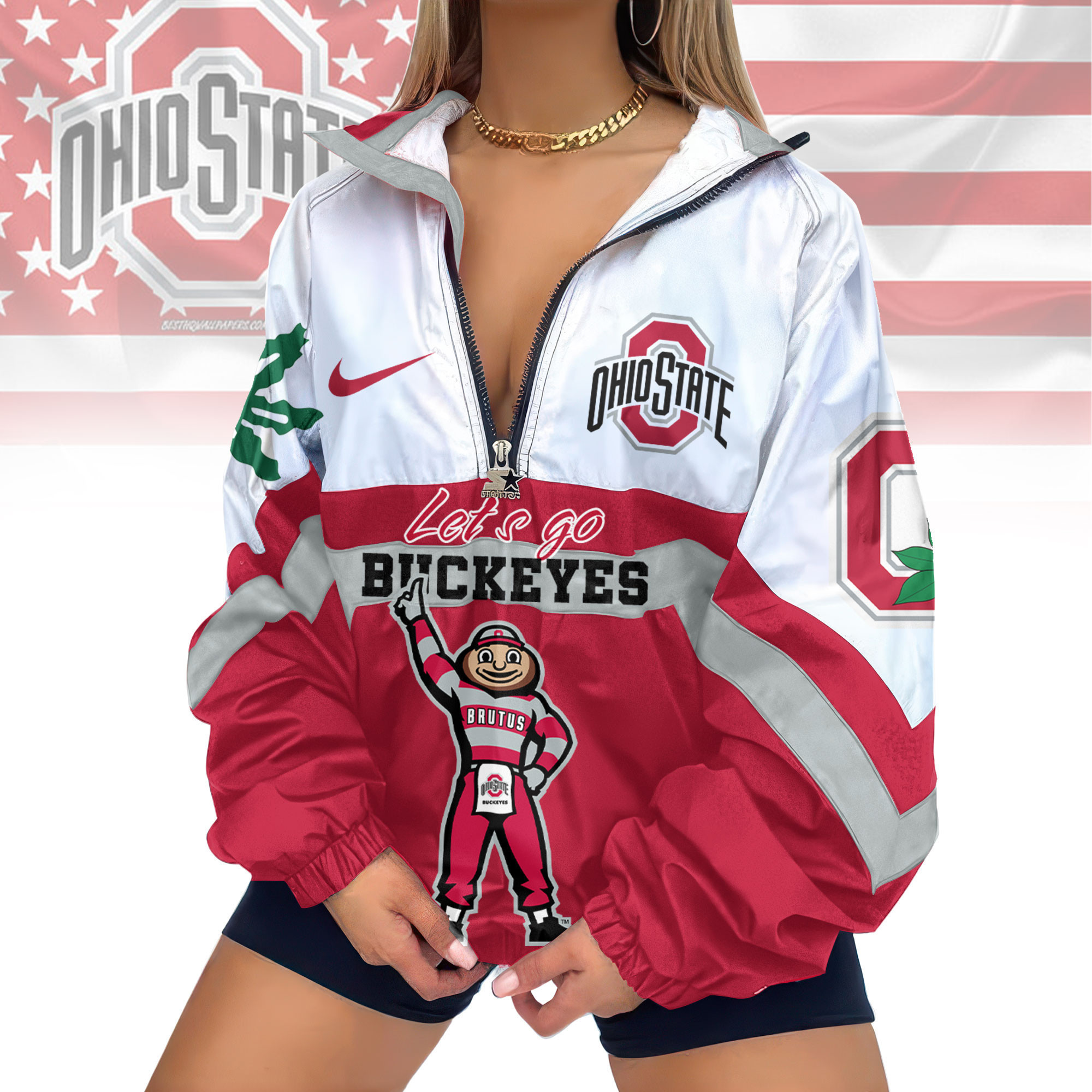 Ohio State Buckeyes | Premium Women's Printed V-Neck Zipper Sweatshirt Jackets TD