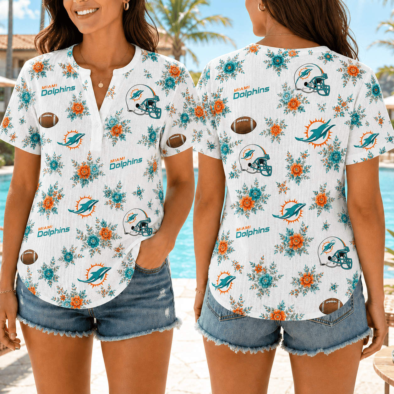 Miami Dolphins | Premium NFL Floral Football Women’s Summer Linen Shirt TD