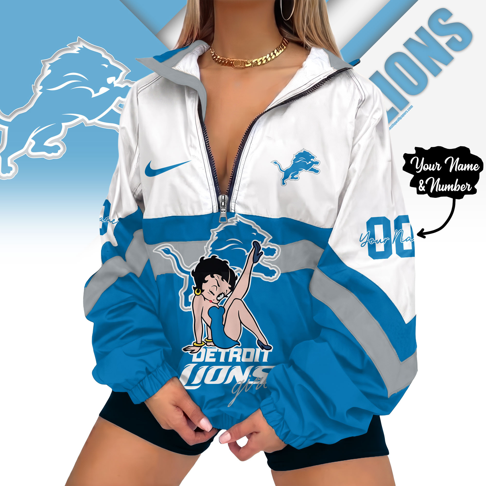 Detroit Lions | Premium NFL Custom Game Day Girl Windbreaker V-Neck Zipper Sweatshirt Jackets NTH1