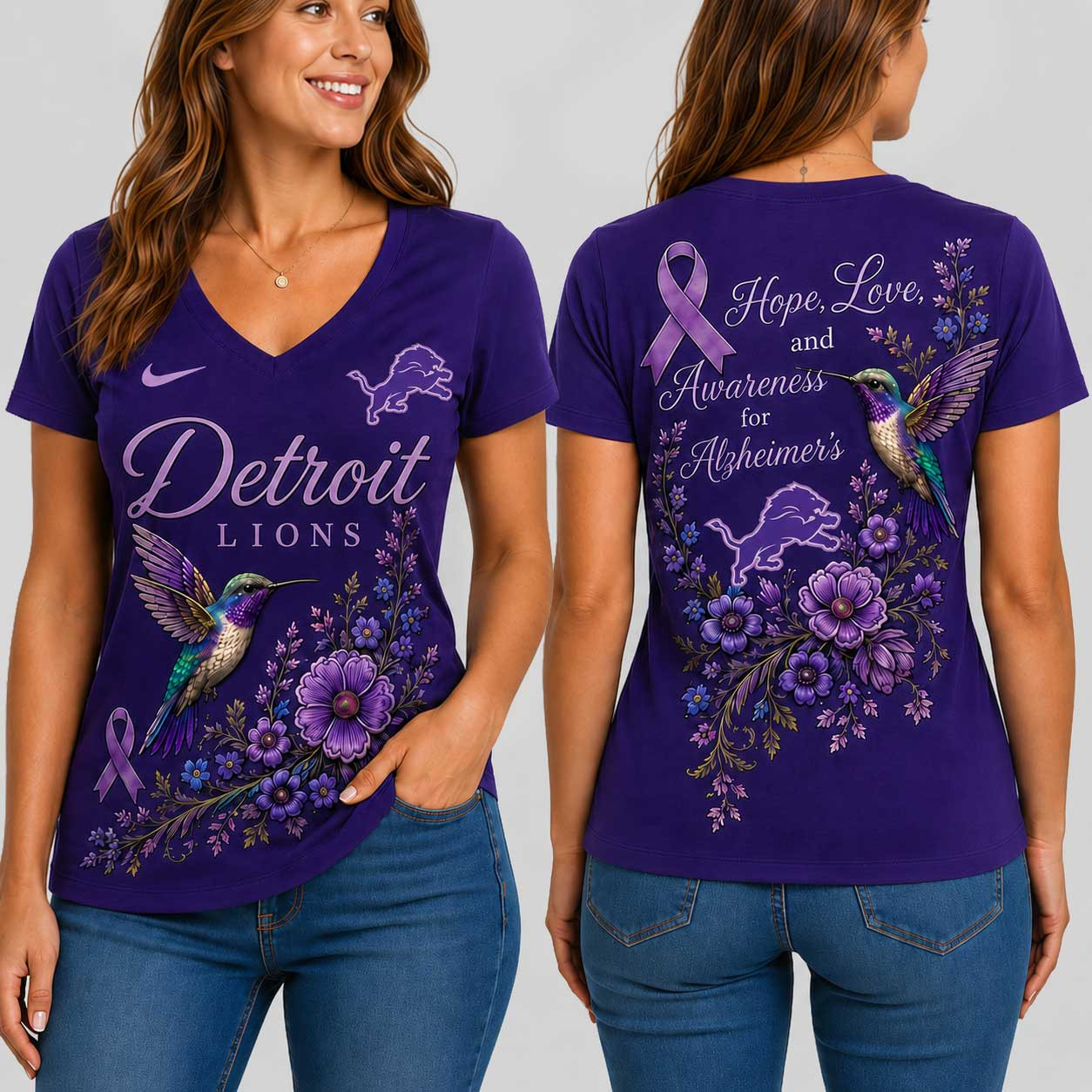 Detroit Lions | Premium NFL Alzheimer’s Awareness Month V-neck Shirt