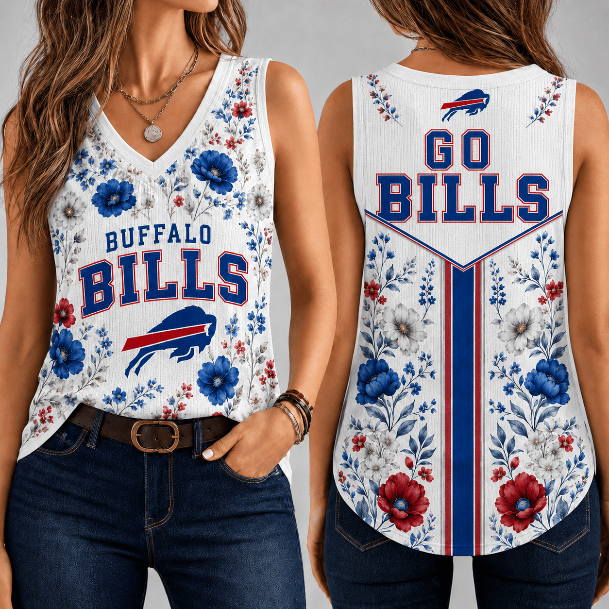 Buffalo Bills | Premium NFL Floral Vintage Game Day Women’s V-Neck Tank Top TD